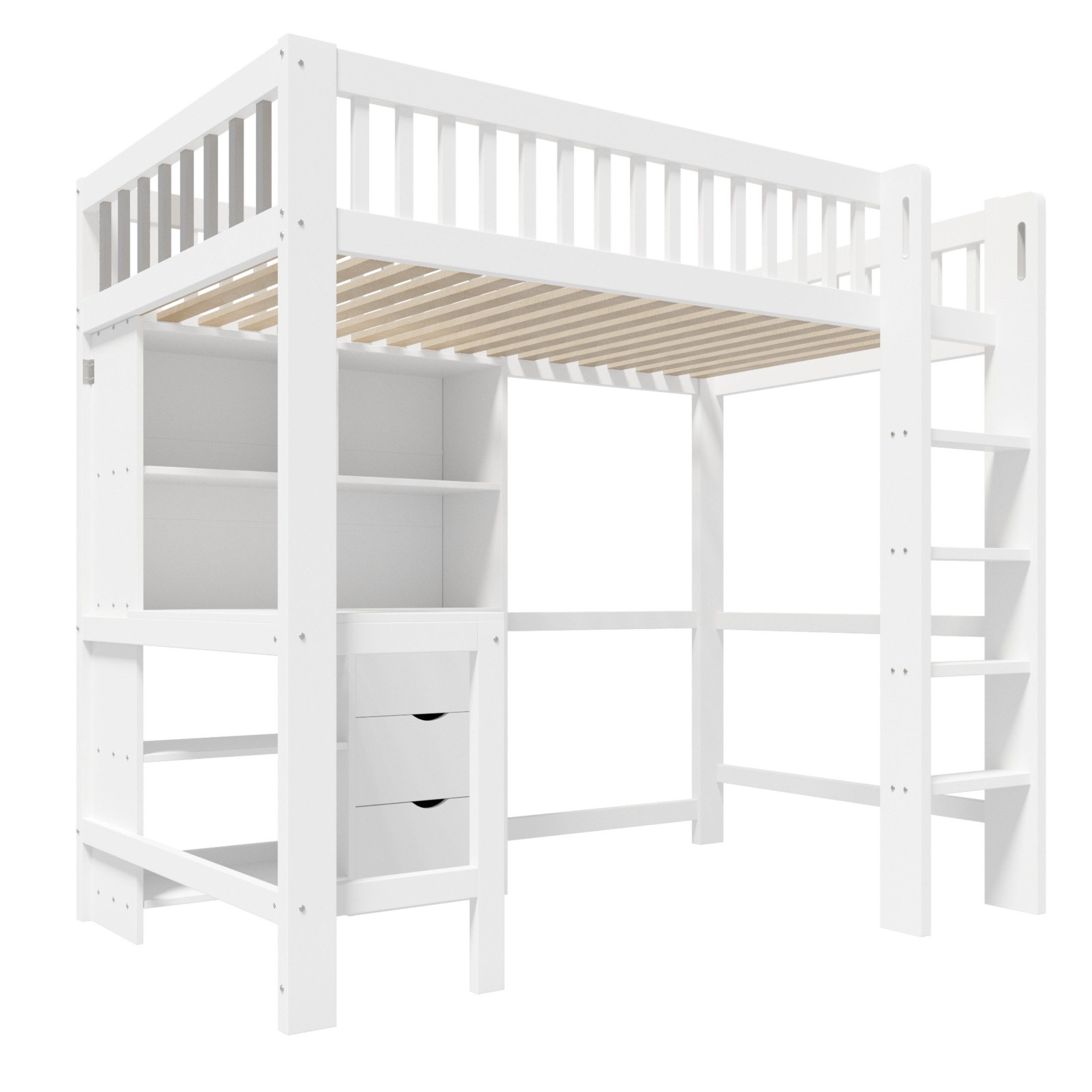 autolock Hochbett Kinderbett Holzbett aus Kiefernholz mit Schreibtisch, Leiter, Stauraum (90 × 200 cm) Jugendbett Kinderbett, Weiß