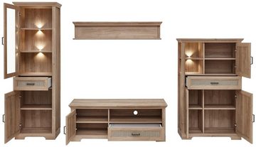 Innostyle Wohnwand Wohnwand VIENNA RR80 Eiche Nachbildung 4-teilig im Landhausstil, (Komplett-Set, 4-St., Vitrine, TV-Lowboard, Wandboard, Stauraumelement)