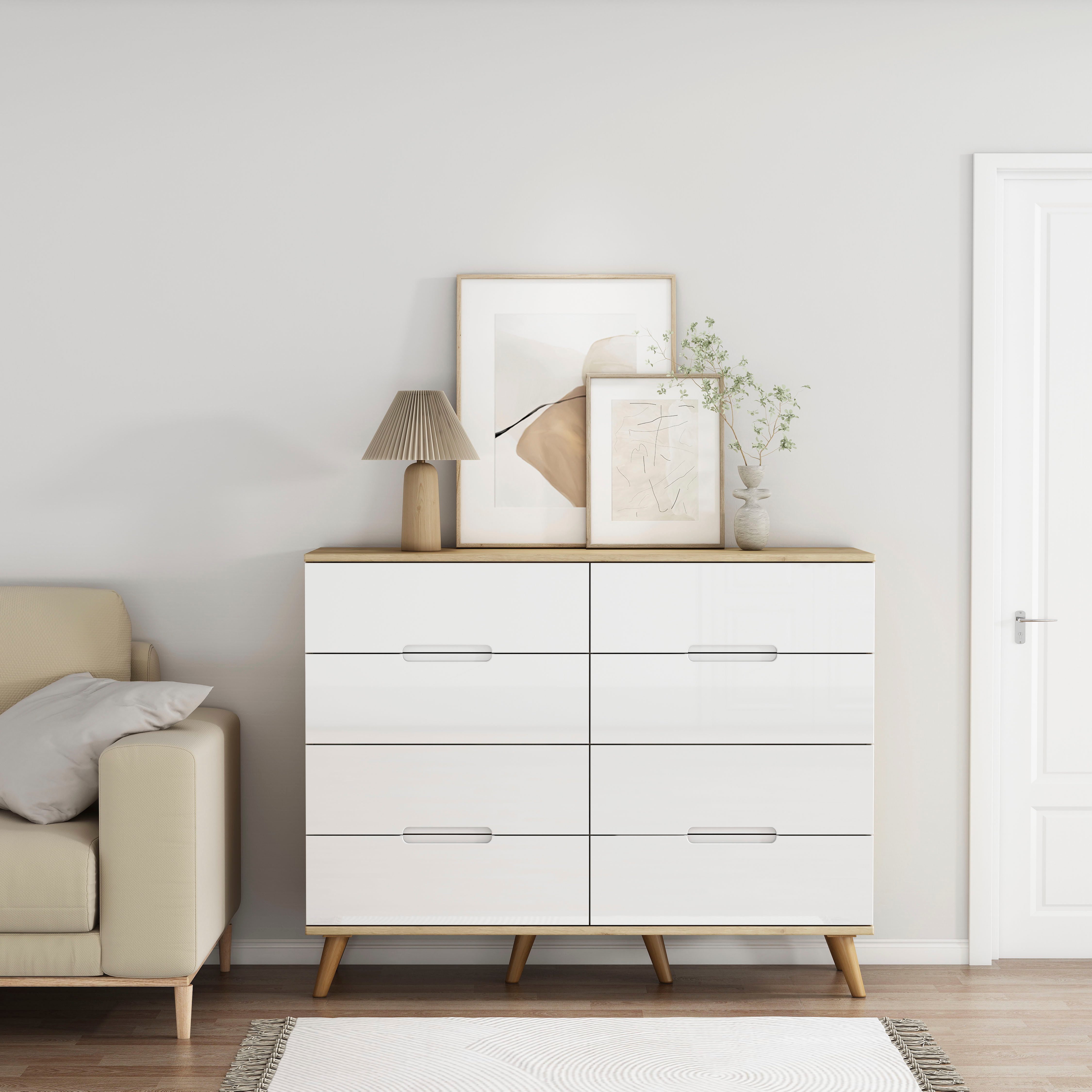 OTTO home Kommode, mit glänzenden Fronten, Griffmulden, helles Holzdekor, Breite 120 cm