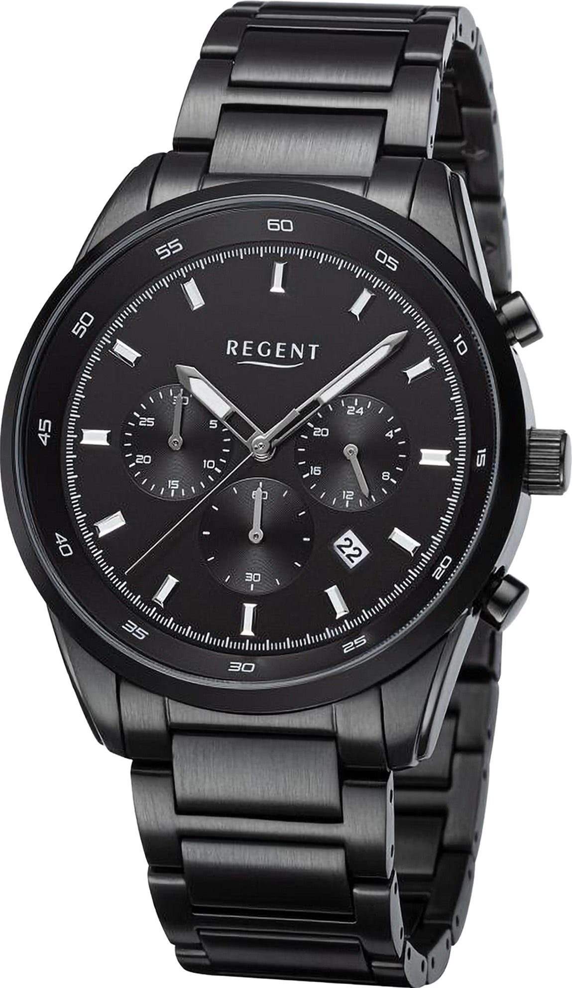Armbanduhr Regent Analog, 44mm), (ca. Metallarmband, Regent Datum groß Herren Herren rund, Quarzuhr extra Armbanduhr