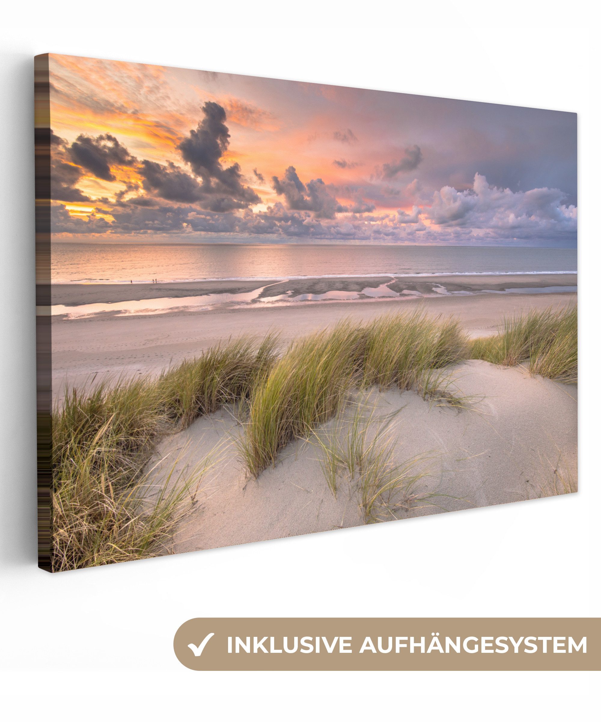 OneMillionCanvasses® Leinwandbild Sonnenuntergang - Düne - Strand - Pflanzen - Meer, Fotodruck (1 St), Leinwandbilder XXL Wohnzimmer, Deko Aesthetic 150x100 cm
