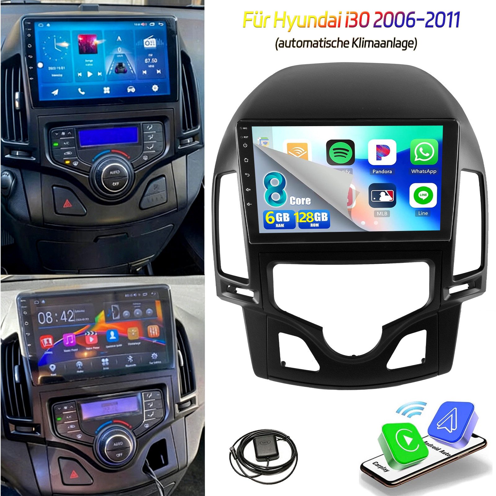 ESSGOO 9" Android 14 6+128G GPS Carplay WIFI Für HYUNDAI i30 MK1 FD 2007-11 Autoradio (DAB (optional), DAB+ (optional), RDS, 4G LTE, 6GB+128GB, AM, FM, Carplay Android Auto Bluetooth EQ USB GPS Navi WIFI Touchscreen)