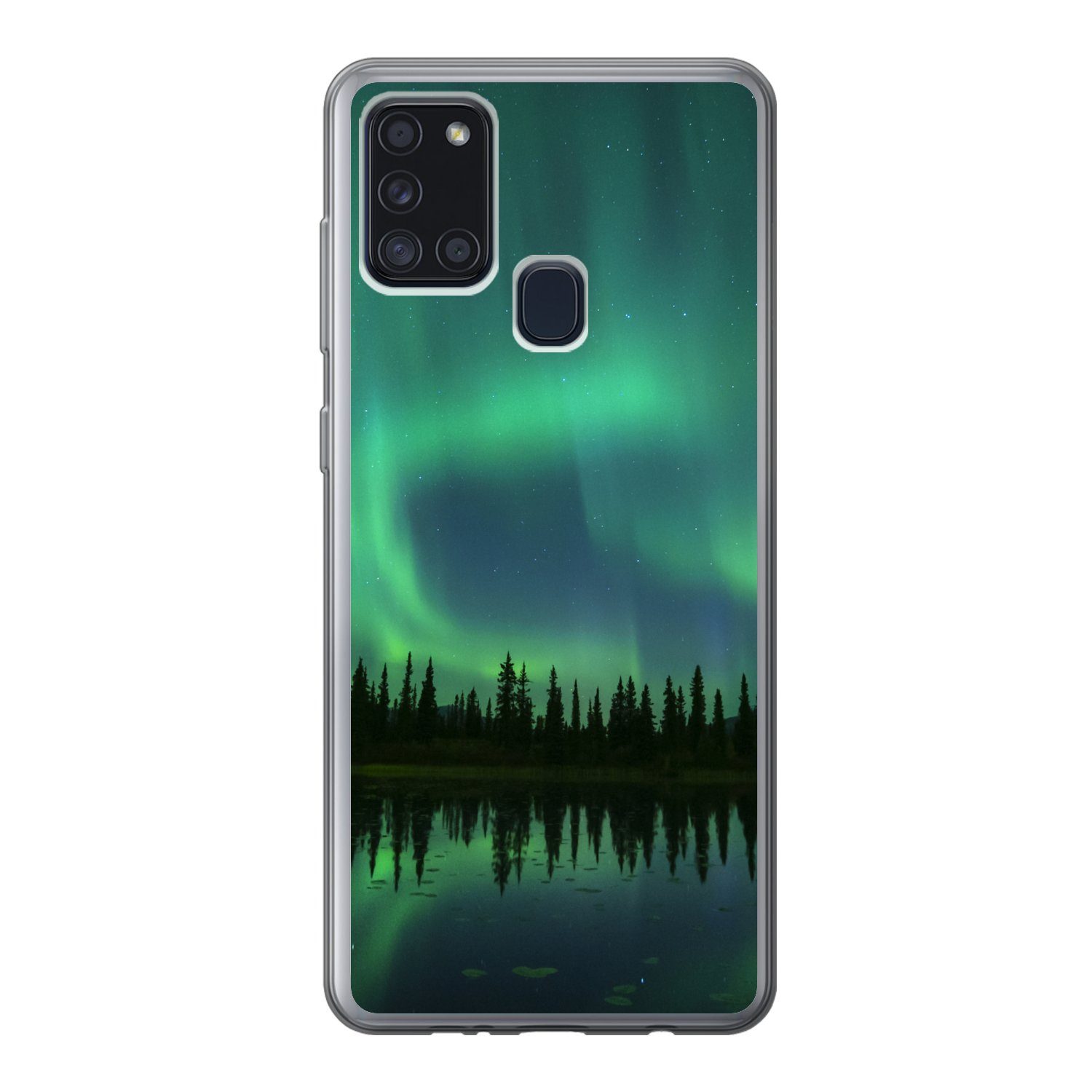 MuchoWow Handyhülle für Samsung Galaxy A21s Nordlicht - Bäume - Wasser - Alaska, Smartphone-Bumper, Print, Handy Schutzhülle Dünn
