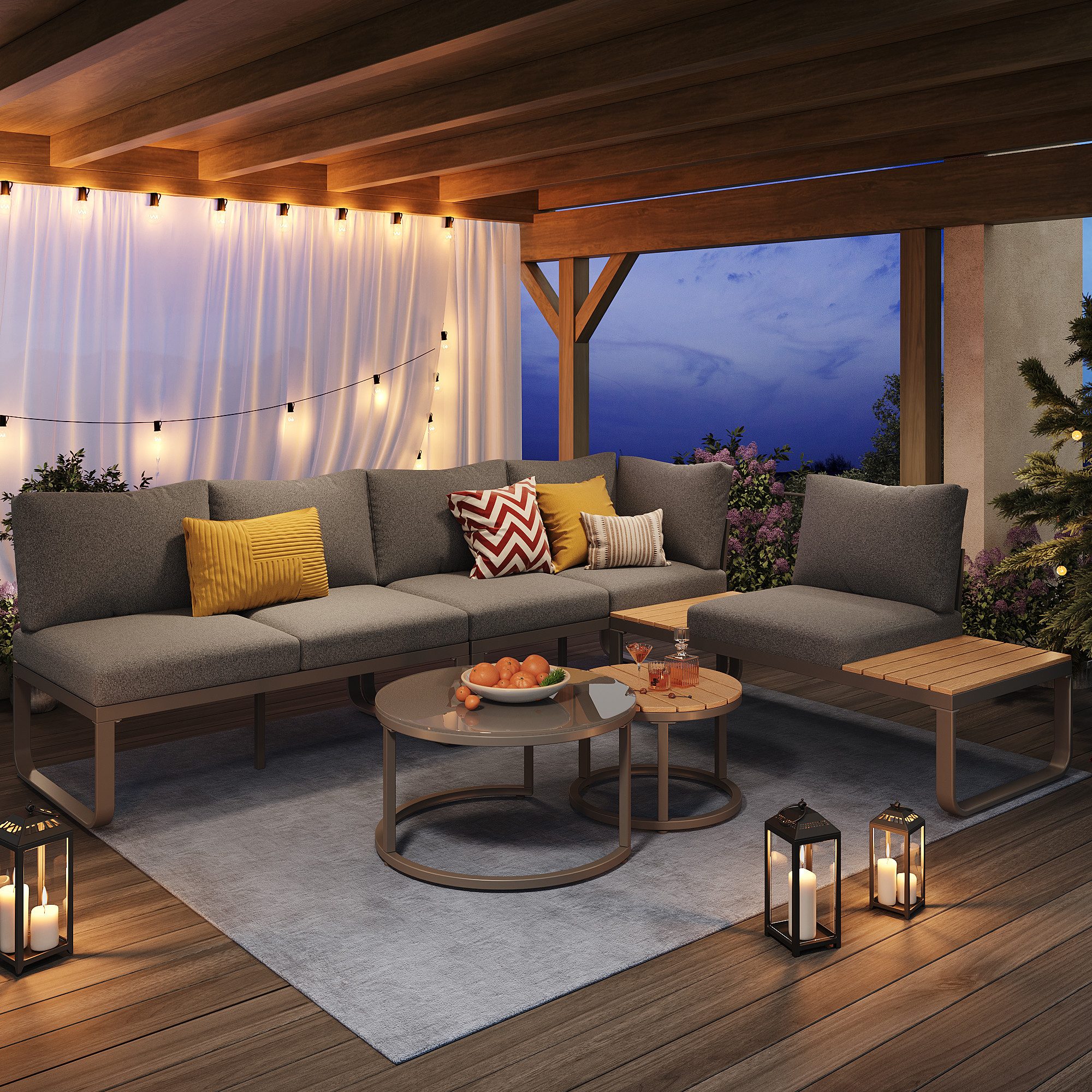 Flieks Gartenlounge-Set, 5-Sitzer Gartenmöbel, Einzelsofa mit Tischplatte, Couchtisch stapelbar