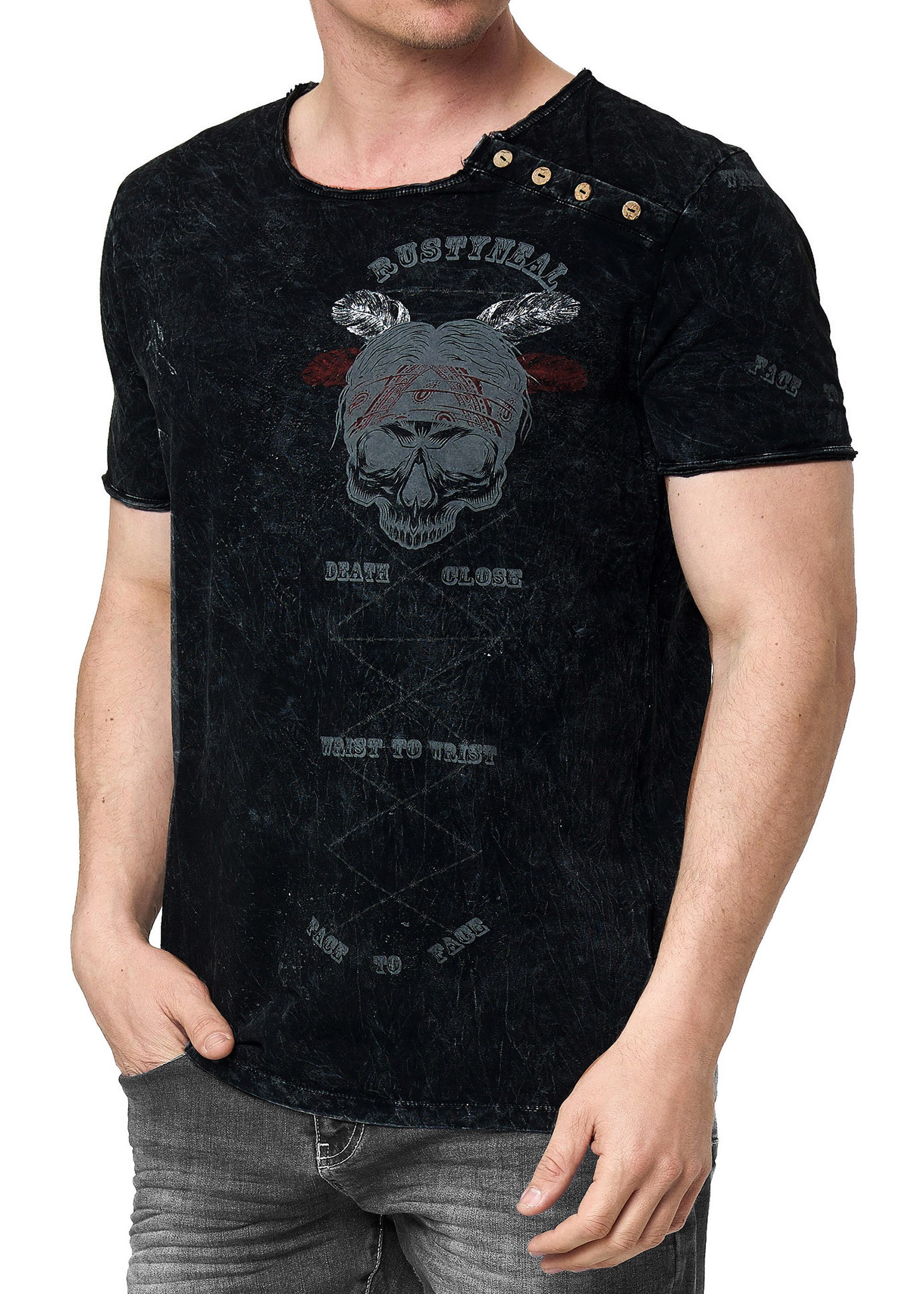T-Shirt T-Shirt Verwaschen Regular Printed Oil Washed Roundneck S M L XL XXL