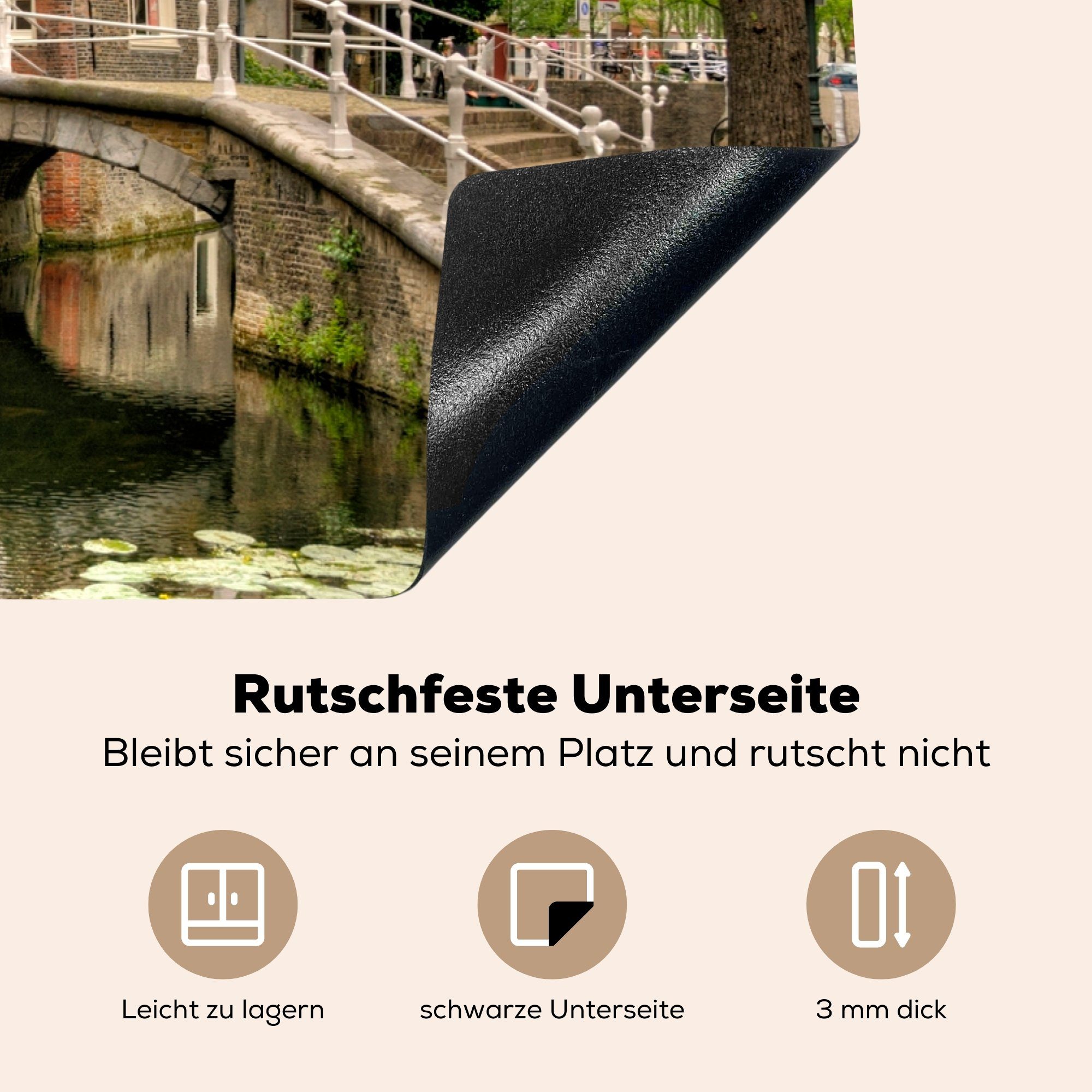 MuchoWow Herdblende-/Abdeckplatte Brücke - Wasser Delft, 81x52 tlg), die Vinyl, küche, Induktionskochfeld Ceranfeldabdeckung Schutz cm, für (1 