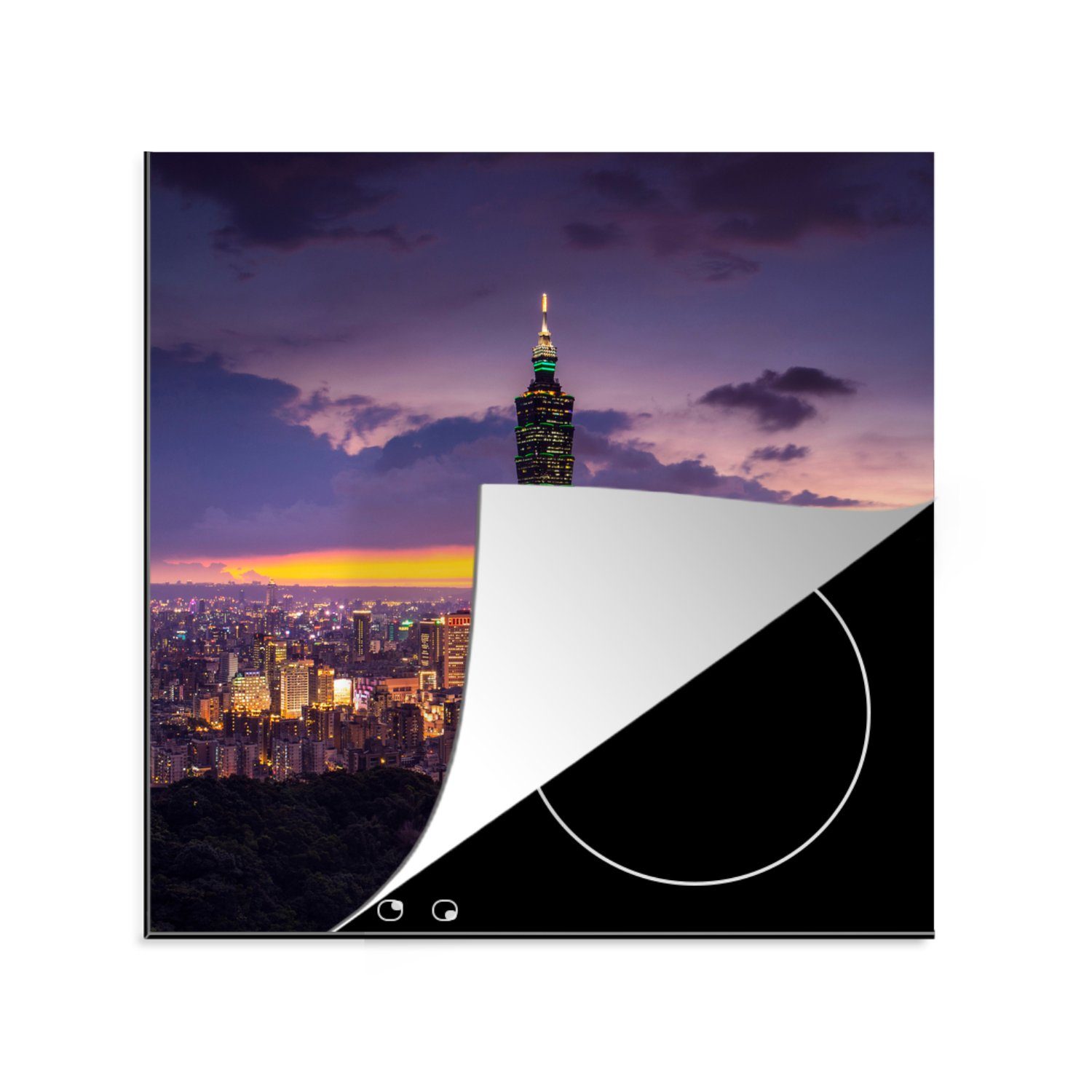 MuchoWow Herdblende-/Abdeckplatte Lila Himmel über dem Taipei 101 in der Abenddämmerung in Asien, Vinyl, (1 tlg), 78x78 cm, Ceranfeldabdeckung, Arbeitsplatte für küche