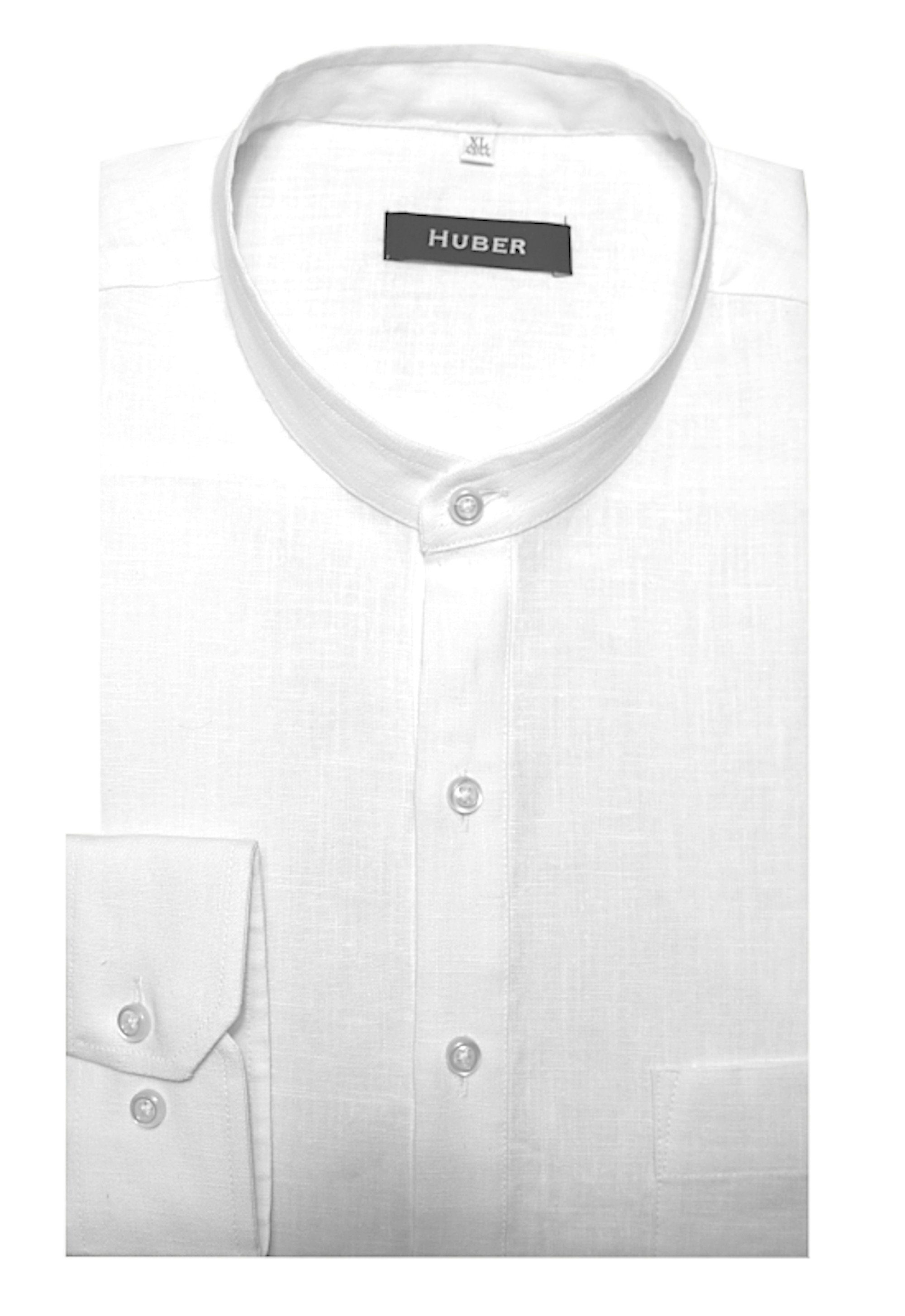 Huber Hemden Leinenhemd HU-0501 Schlupfhemd Stehkragen, EU weiß mit Made Regular in 100% Leinen