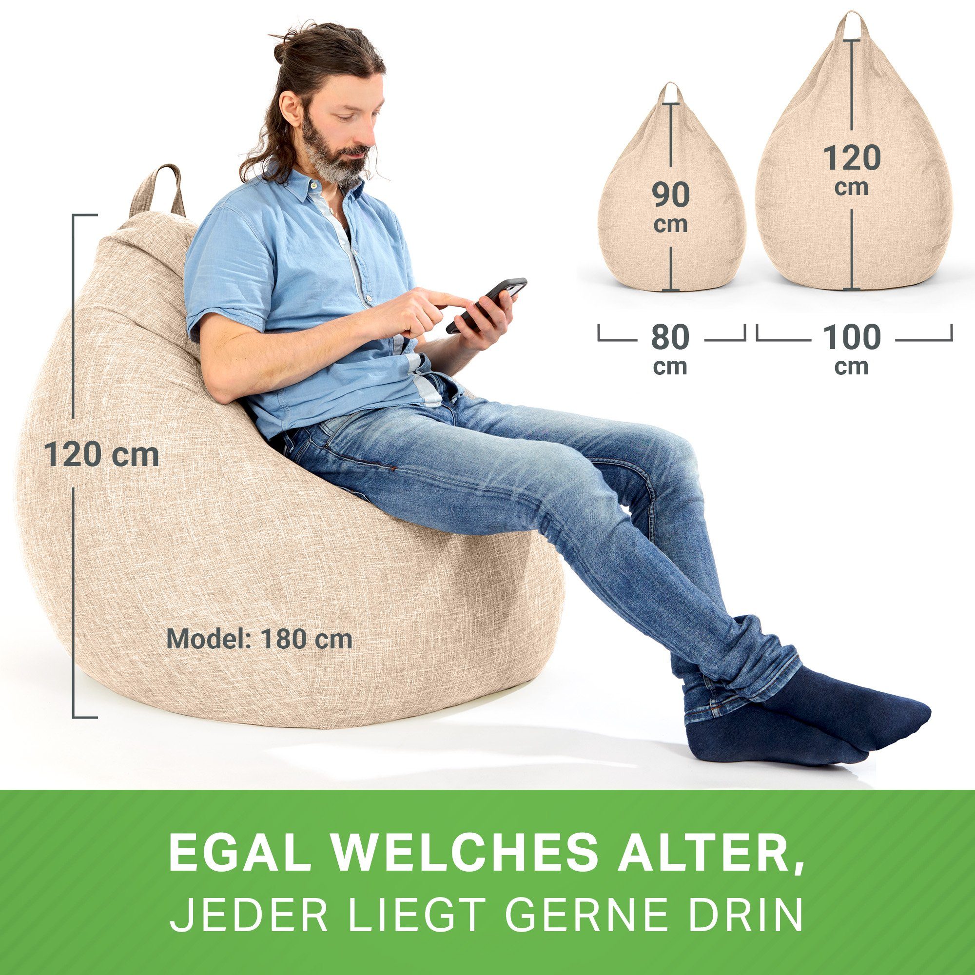 Bean Weich Lounge Sitzkissen EPS-Perlen Sitzsack -, (Indoor Waschbar), Füllung Sand Riesensitzsack mit Linen Kuschelig Home Green Chair