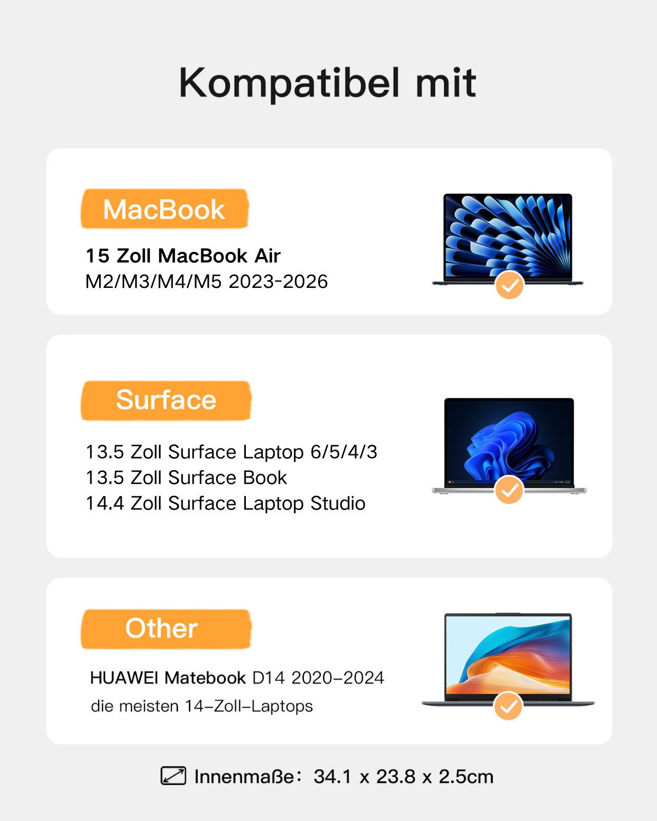 Inateck Laptop-Hülle Laptoptasche, für 15 Zoll MacBook Air M5 M4, 14 Zoll Laptop