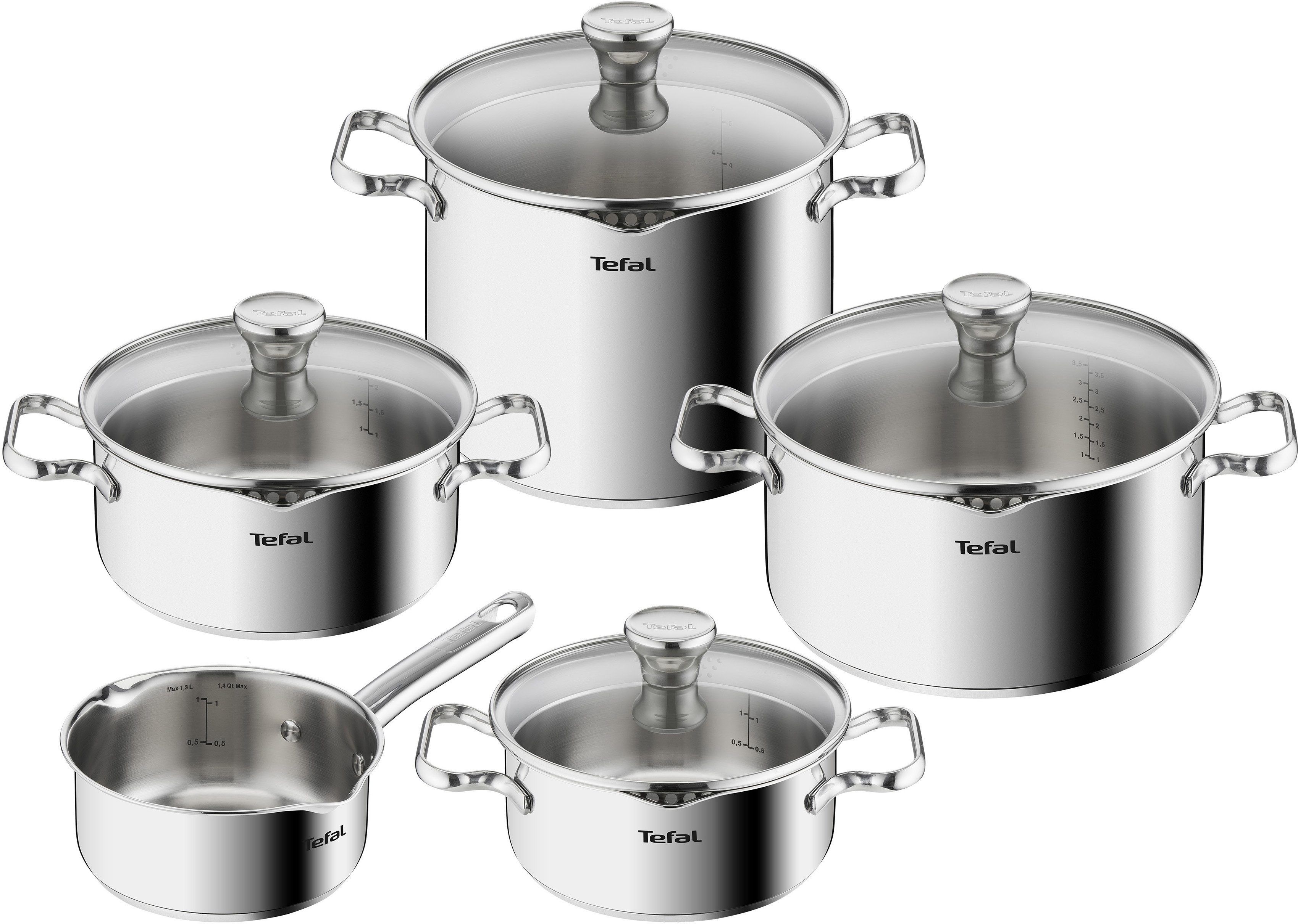Tefal Topf-Set Duetto Induktion, robust und hochwertig, Induktions Töpfe Set, Edelstahl (Set, 9-tlg., 1x Stielkasserolle 16 cm, je 1 Kochtopf mit Deckel 18/20/22/24 cm), mit Siebdeckel, für alle Herdarten geeignet