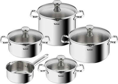 Tefal Topf-Set Duetto, Edelstahl (Set, 9-tlg., 1x Stielkasserolle 16 cm, je 1 Kochtopf mit Deckel 18/20/22/24 cm), Edelstahl-Topfset, Siebdeckel, Ausgießer, alle Herdarten, Induktion