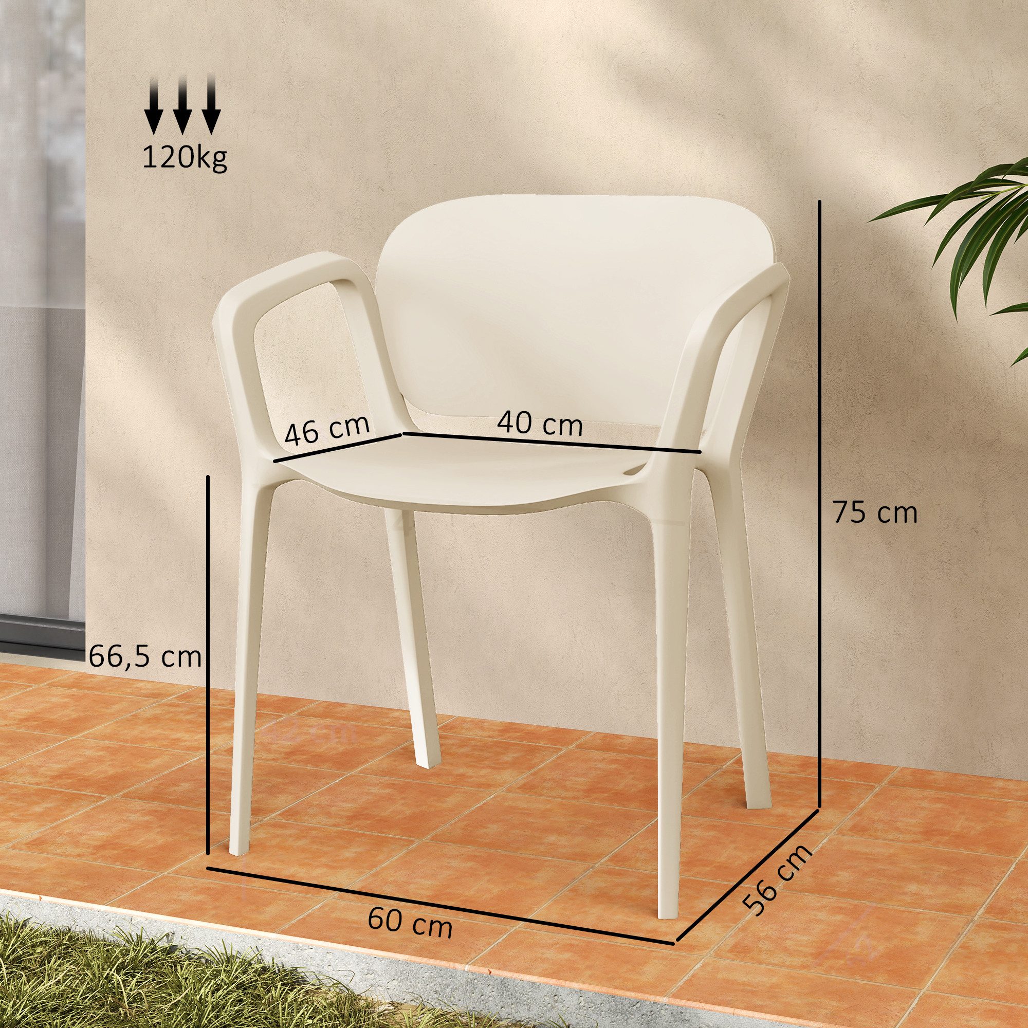 Outsunny Gartenstuhl 4er Set, aus Kunststoff, mit Armlehne, Rückenlehne, stapelbar (wetterfest Gartenstühle, 4 St), bis 120 kg belastbar Gartenmöbel für Hinterhof, Garten, Balkon Weiß