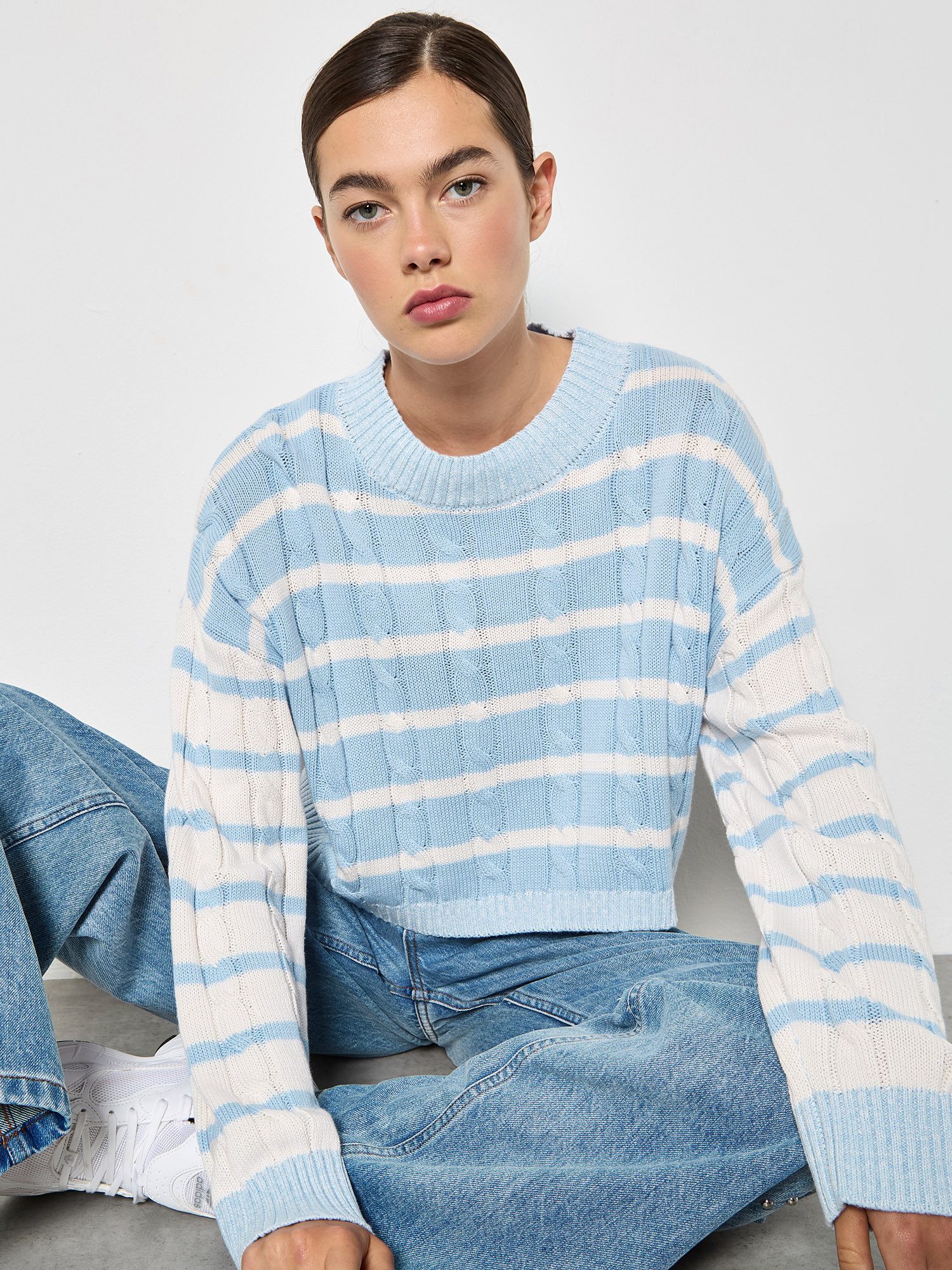 Apricot Streifenpullover Kurzer Pullover mit Zopfmuster und Kontraststreife günstig online kaufen