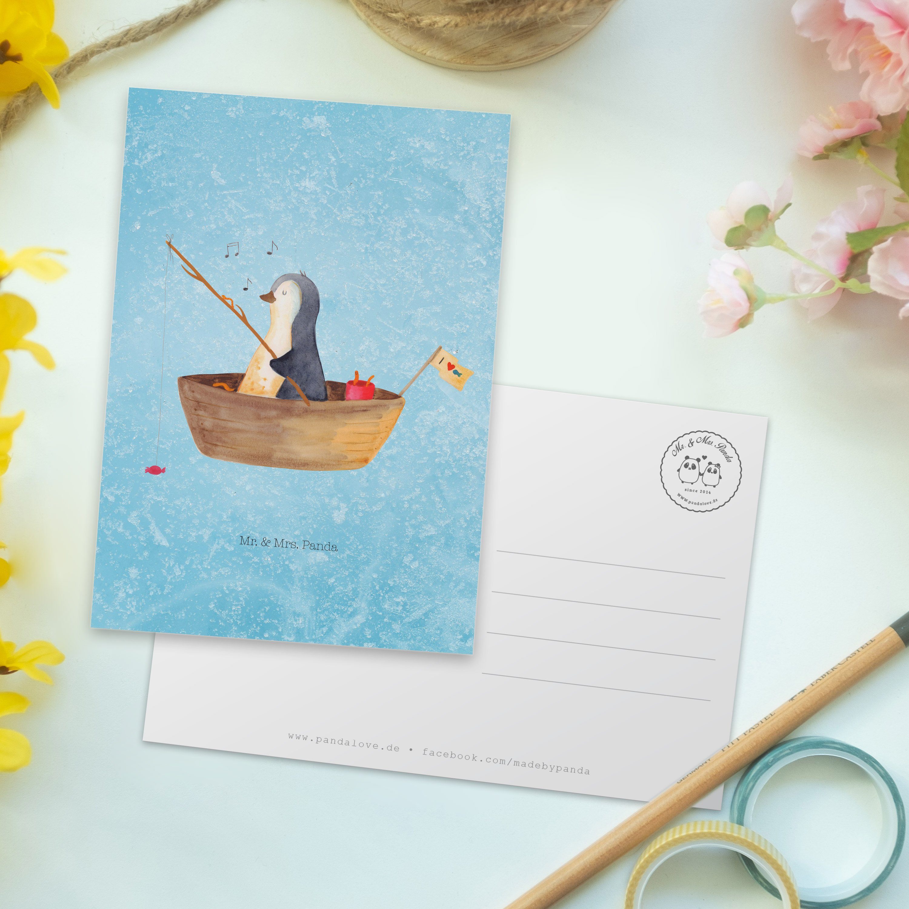 Postkarte Pinguin Geschenk, & Angelboot Mr. Mrs. Ne - - Eisblau Panda Ansichtskarte, Motivation,