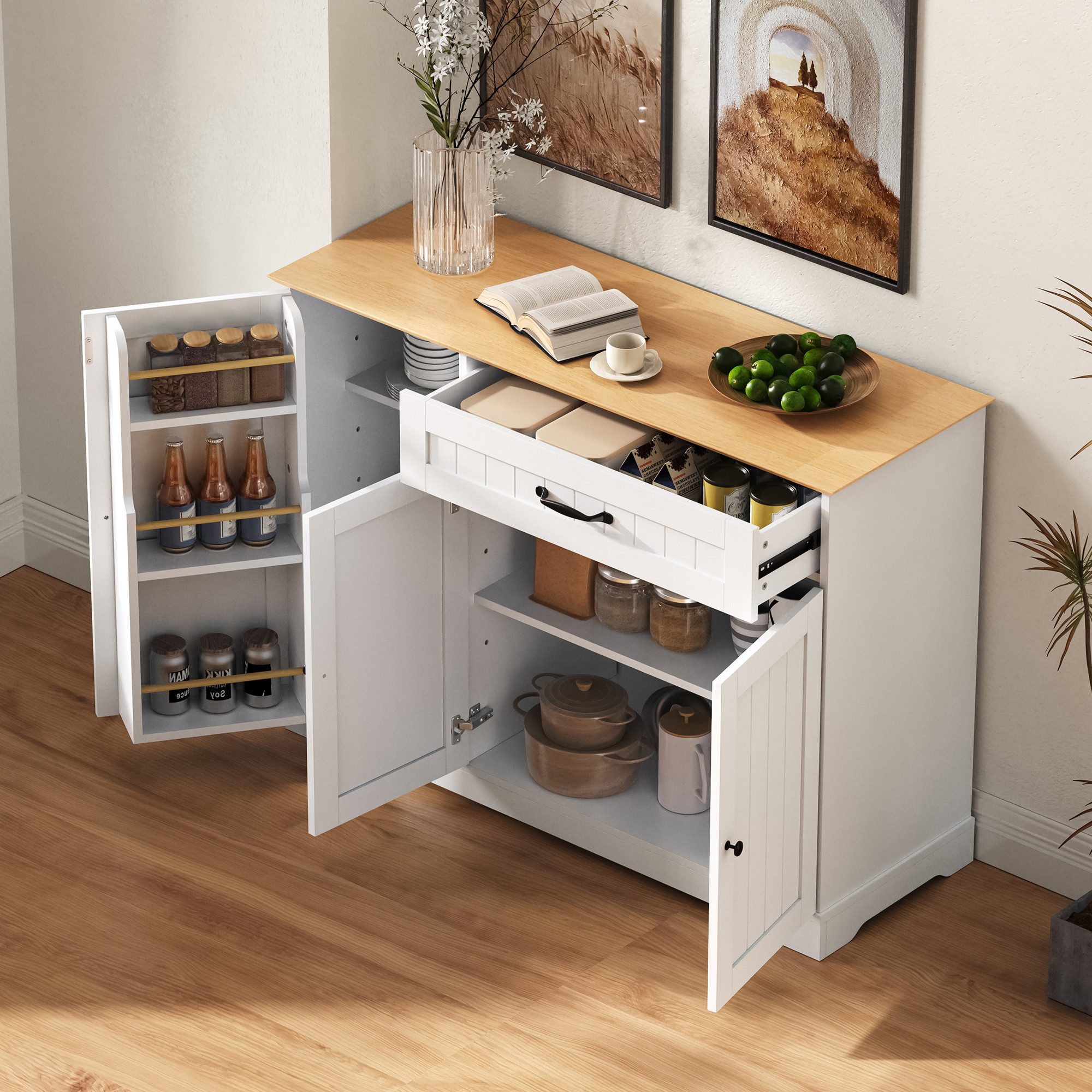 Flieks Kommode Buffetschrank mit Schubladen und Türablagen (1 St., 107x40x84 cm), Mehrzweckschrank Küchenschrank mit verstellbarer Einlegeböden – Bild 3 von 5