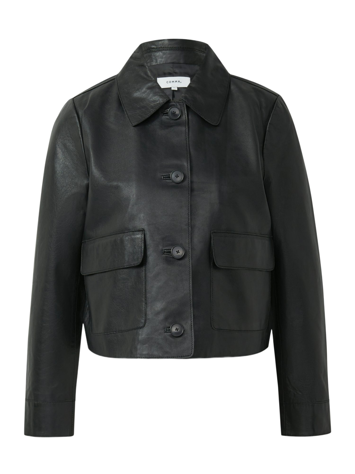 comma Kurzjacke schwarz,Outdoor,Leder,Unifarben,Umlegekragen,Lang,Gerade