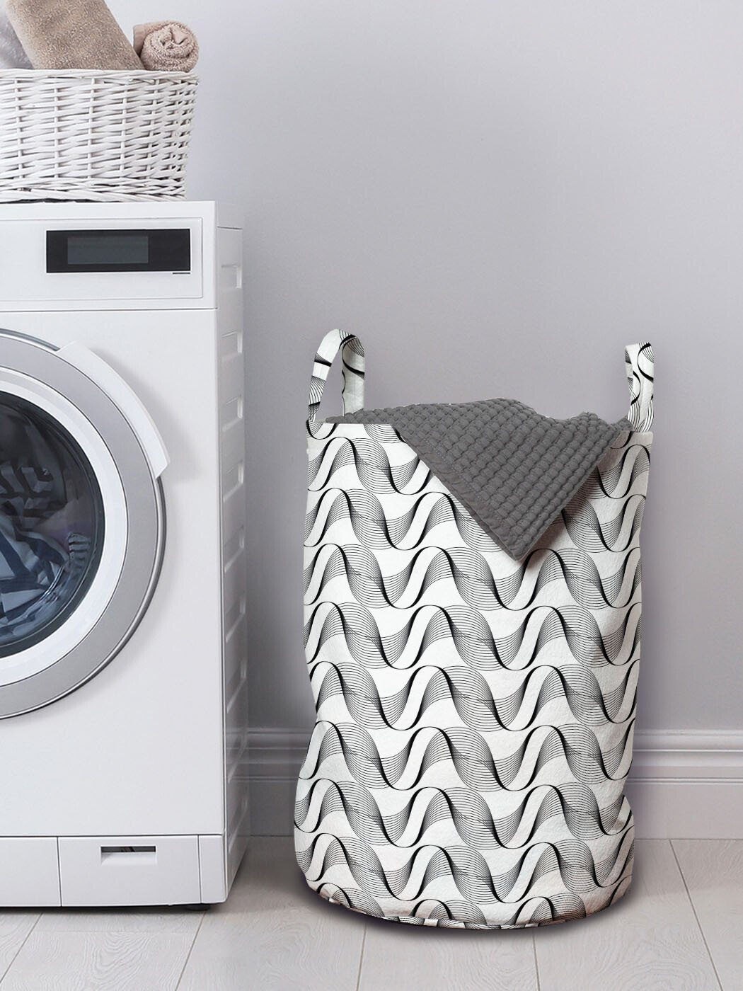Stripes Waschsalons, mit Wäschekorb Kordelzugverschluss Geometrisch Abakuhaus Griffen Zier Gebogene Wäschesäckchen für