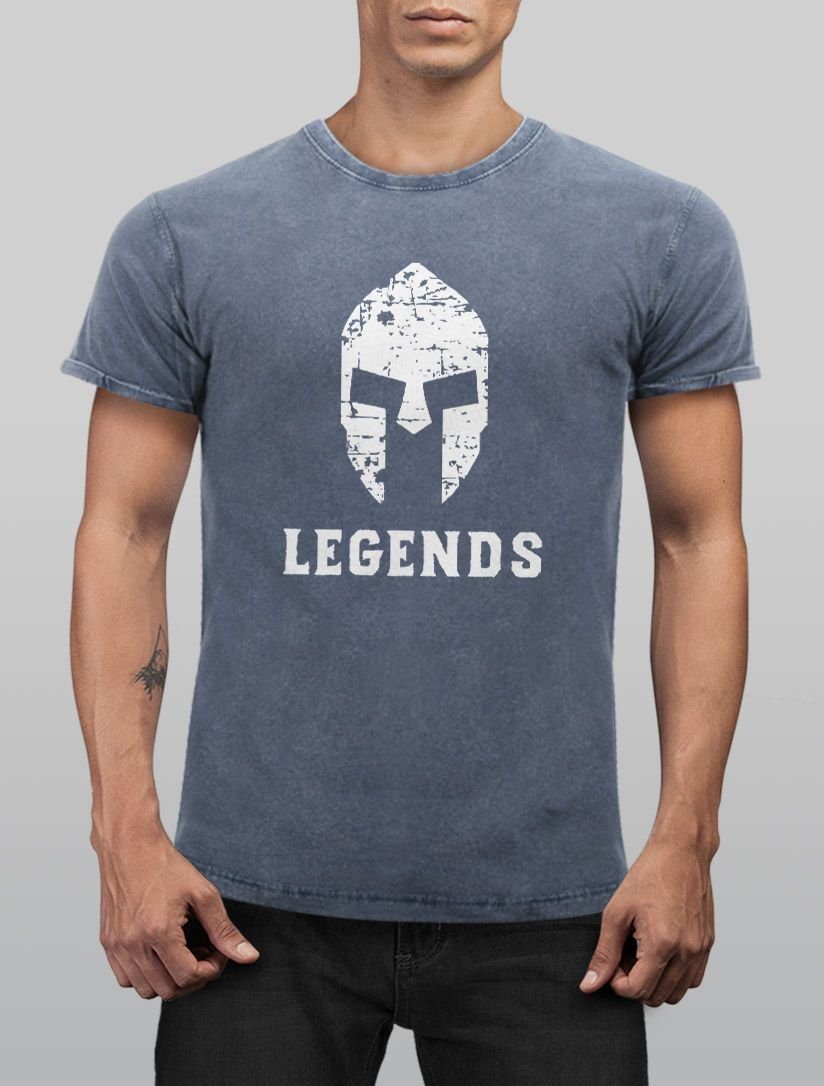 Herren Fit Neverless Neverless® Angesagtes Look T-Shirt blau Legends Print-Shirt Slim Print mit Cooles Used Sparta