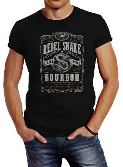 Neverless Print-Shirt Neverless® Herren T-Shirt Whiskey Emblem Rebel Snake Bourbon Retro Style Fashion Streetstyle mit Print
