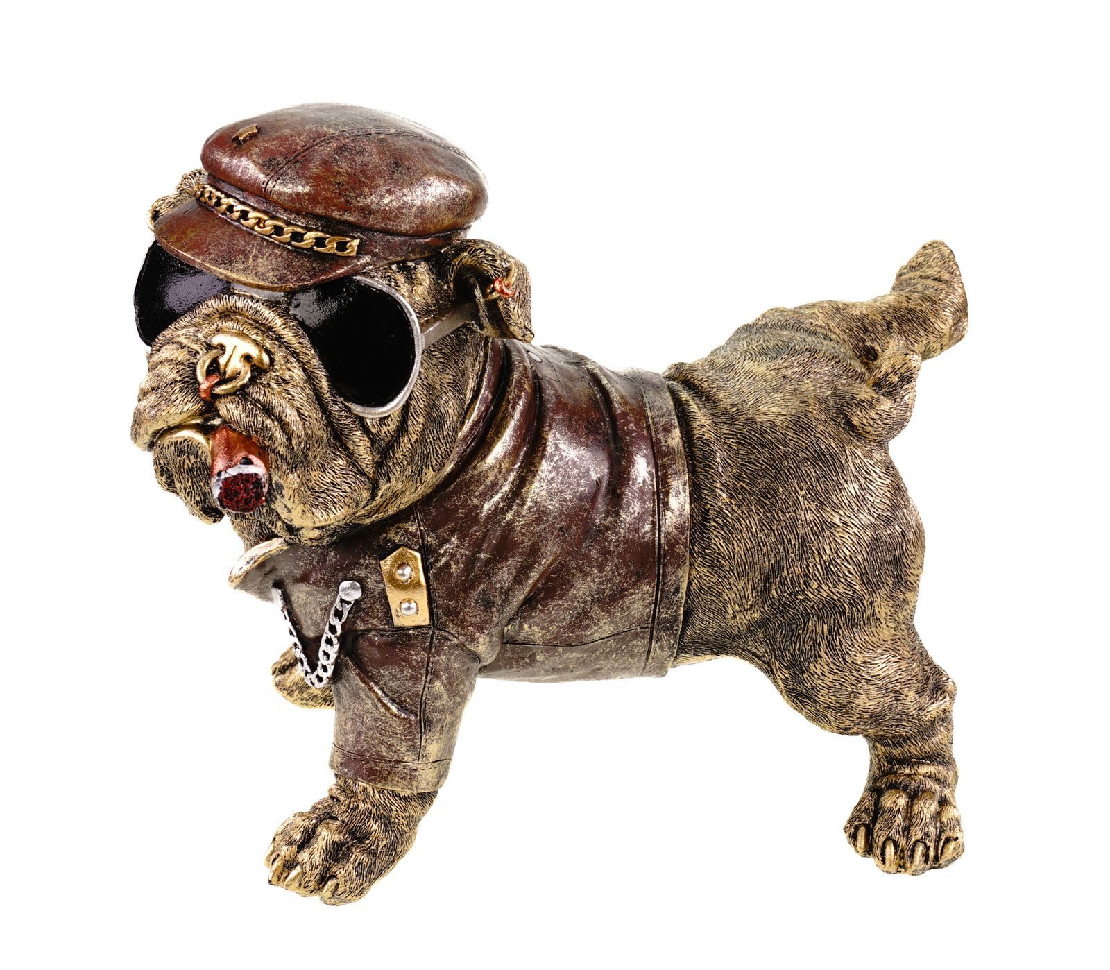 Kremers Schatzkiste Dekofigur XXL Bulldogge Deko Figur Gold Pinkelnder Hund 30cm