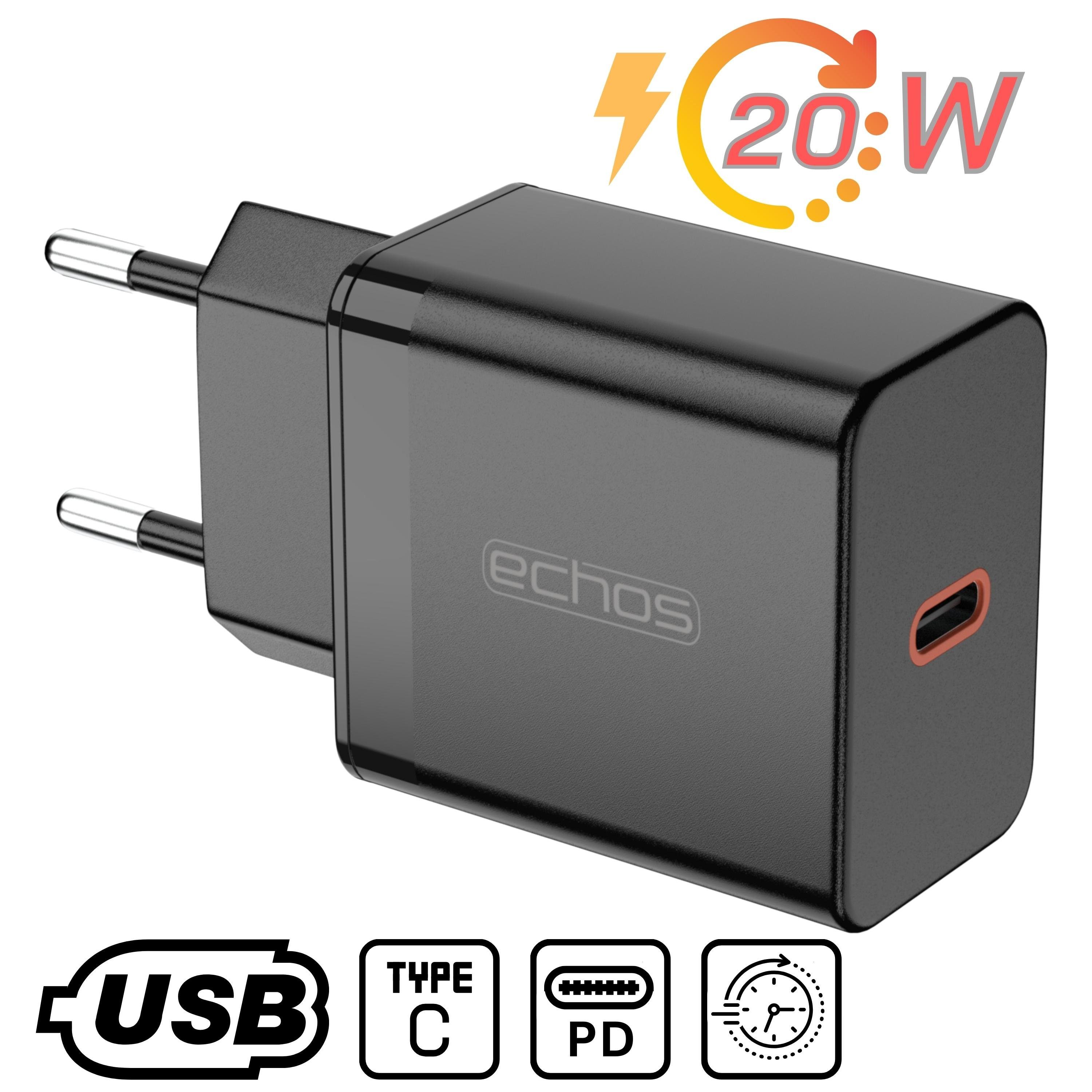 echos Eco-4041 Schnelllade-Gerät (Set, 20 Watt Schnellladegerät,USB-C,PD,PPS)