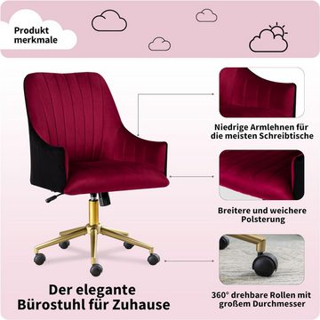 SeedWave Bürostuhl Plissierter Samtstuhl mit Rollen, Höhenverstellbar Drehstuhl Bis 150Kg, Gepolstert Ergonomischer Schreibtischstuhl, burgunderrot Longesessel