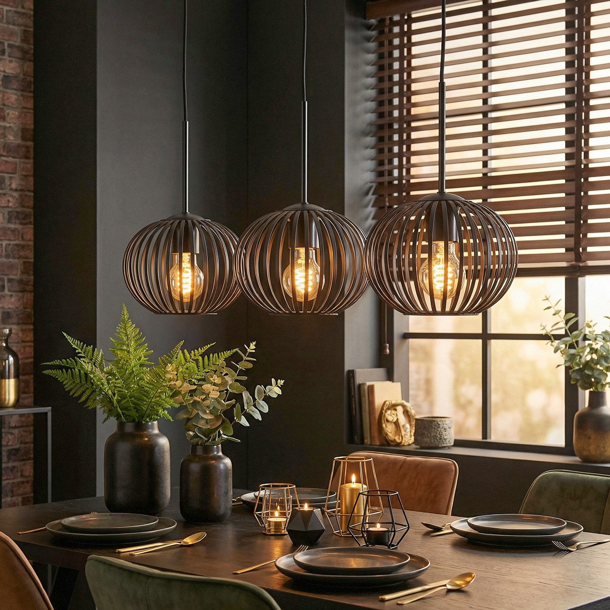 hofstein Hängeleuchte Hängelampe aus Metall in Schwarz, Pendelleuchte im Retro/Vintage-Design (Schirme Ø 20 cm), 3 x E27