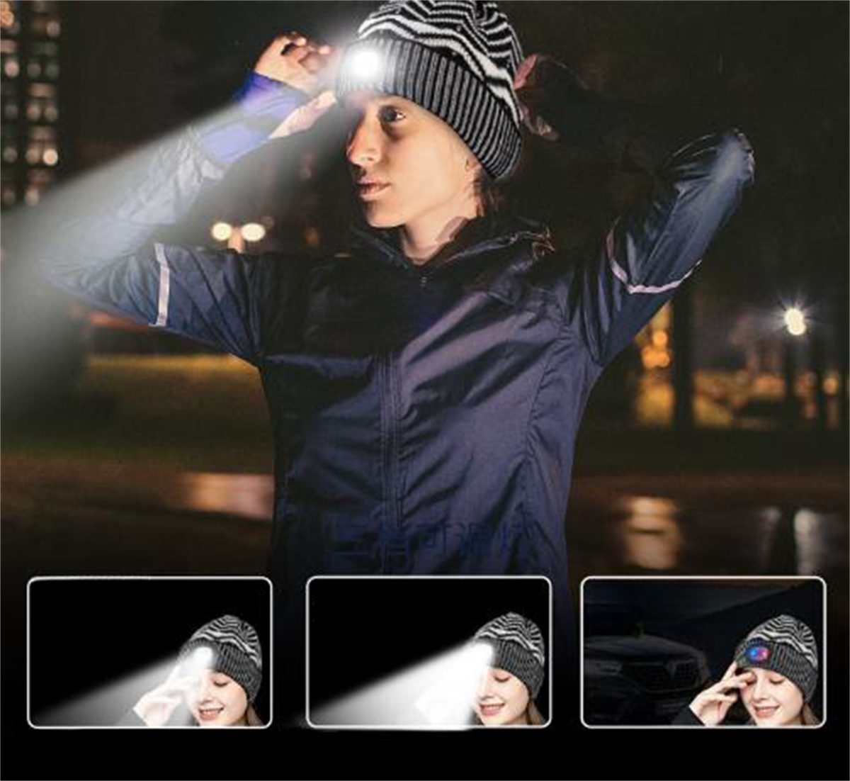 LED-Lichtkappe, carefully warm, Gestrickte winddicht dreifarbige Schwarz weiß abnehmbar und Strickmütze und selected