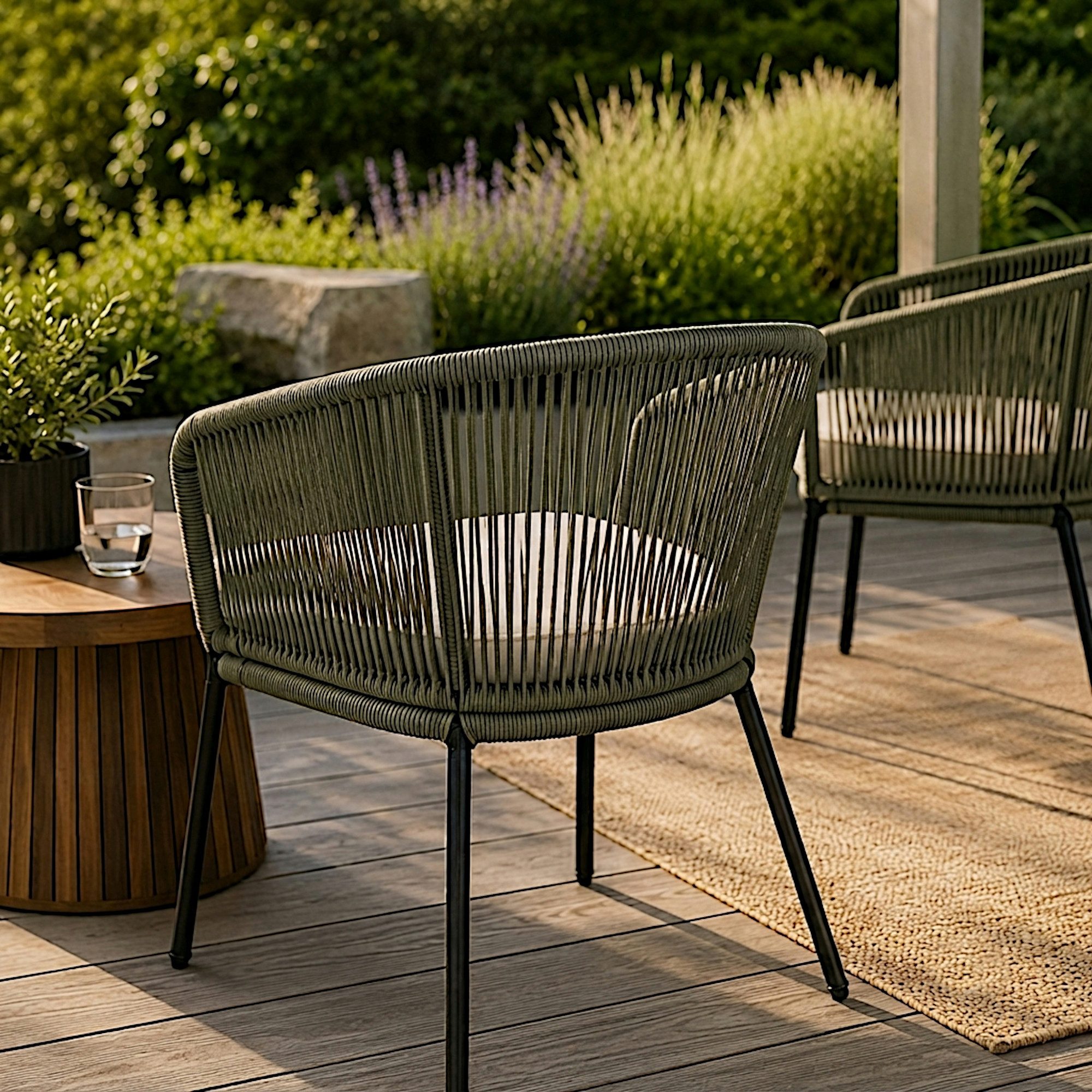 ESTEXO Gartenstuhl Lounge Stuhl 2er Set Gartensessel Rope Loungesessel Outdoor Oliv – Bild 5 von 5