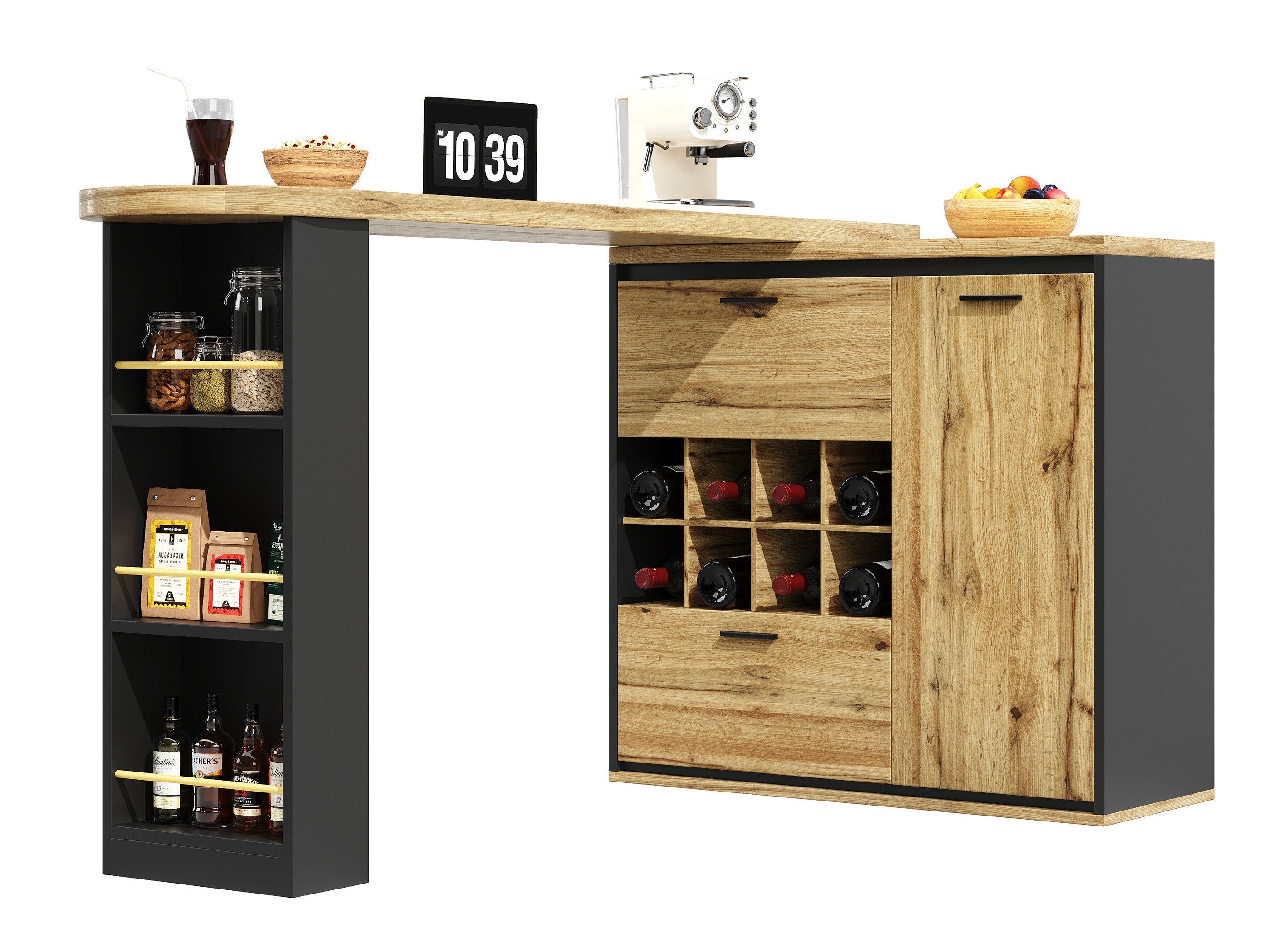 SeedWave Bartisch Ausziehbarer Klapptisch bis 220cm, 8 Abnehmbare Weinflaschregale, Bartheke mit 3 Ablagen, 1 Schranktür, 2 Schubladen