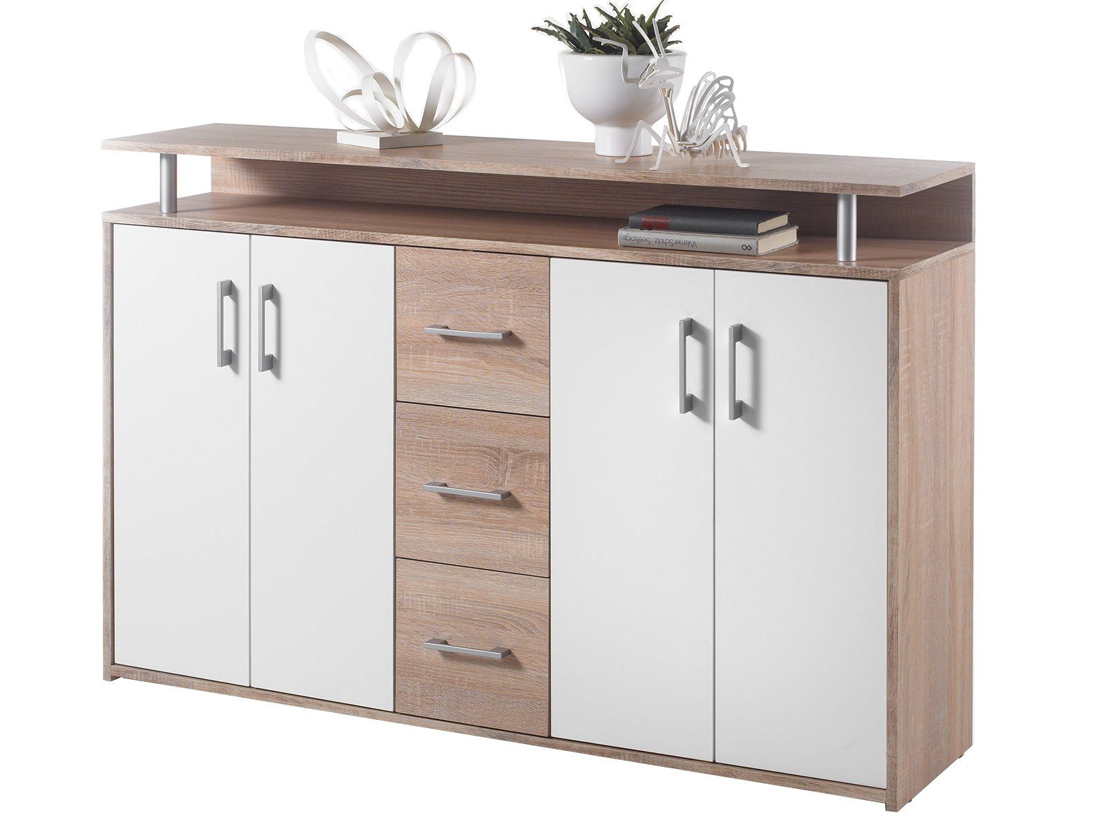 möbelando Highboard Delia, Highboard aus Spanplatte in Sonoma-Eiche hell Nachbildung mit 4 Türen in Weiß, 3 Schubkästen und 2 Einlegeböden. Breite 139 cm, Höhe 90 cm, Tiefe 34 cm.