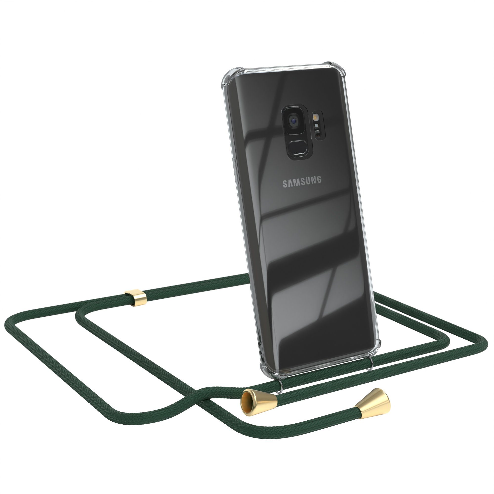 EAZY CASE Handykette Hülle mit Kette für Samsung Galaxy S9 5,8 Zoll, Kettenhülle zum Umhängen Tasche Handykordel Slimcover Grün Clips Gold