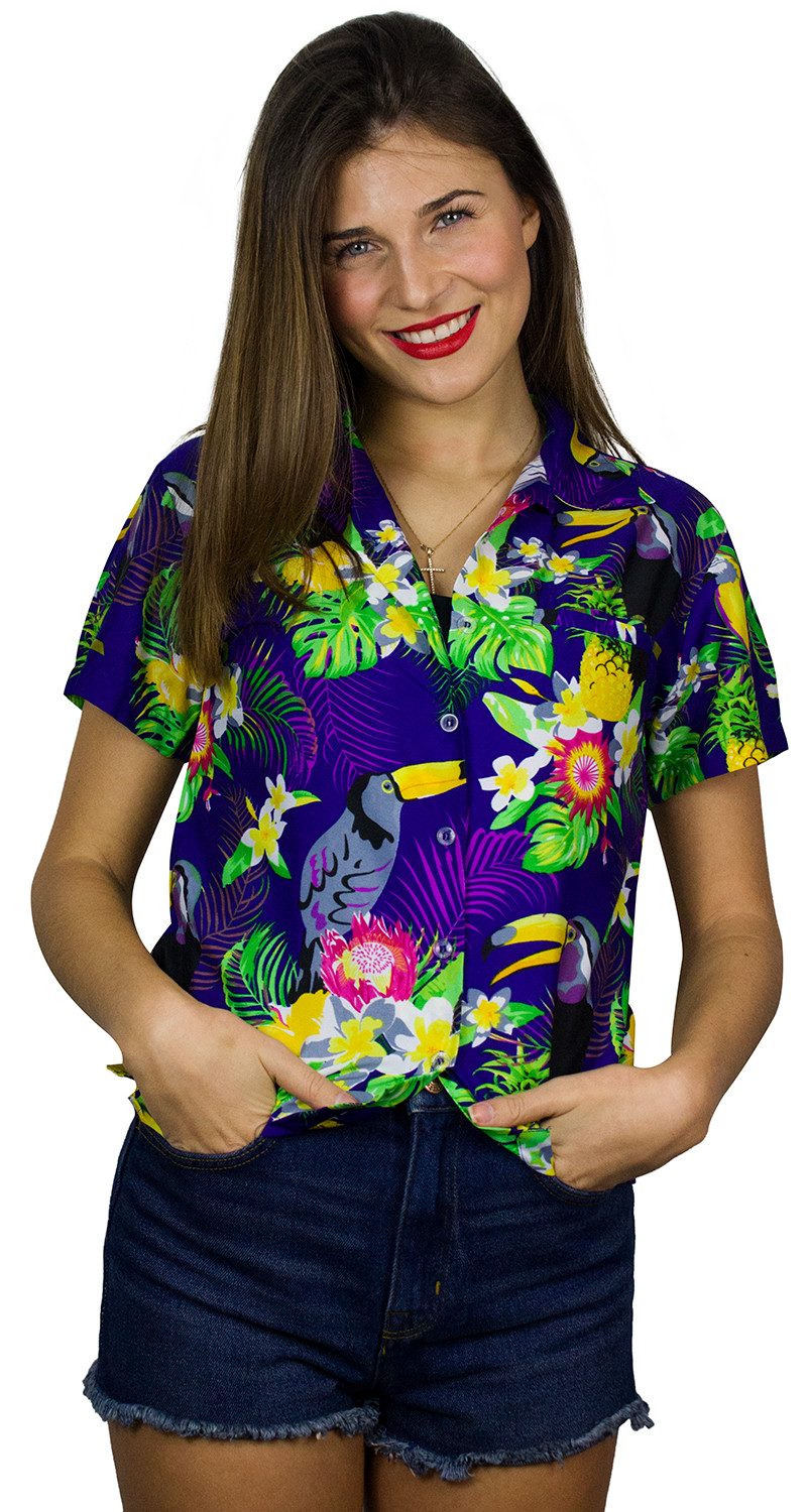 King Kameha Hawaiihemd Parrot Cockatoo Funky Hawaiibluse Damen Kurzarm Front-Tasche Stylish