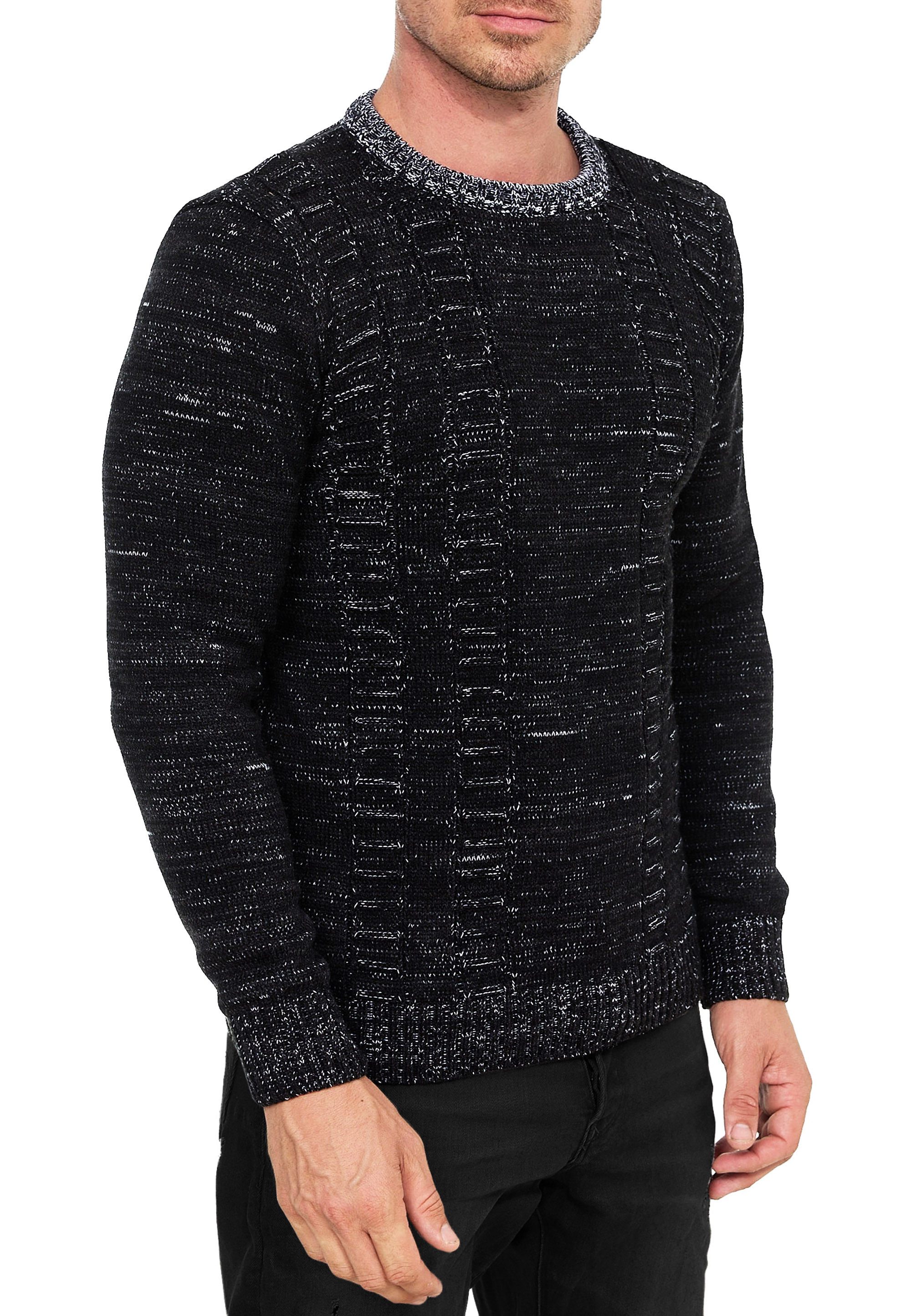Rundhalspullover Grobstrick Pullover mit Kontrastfarben Rundhals Strickpullover