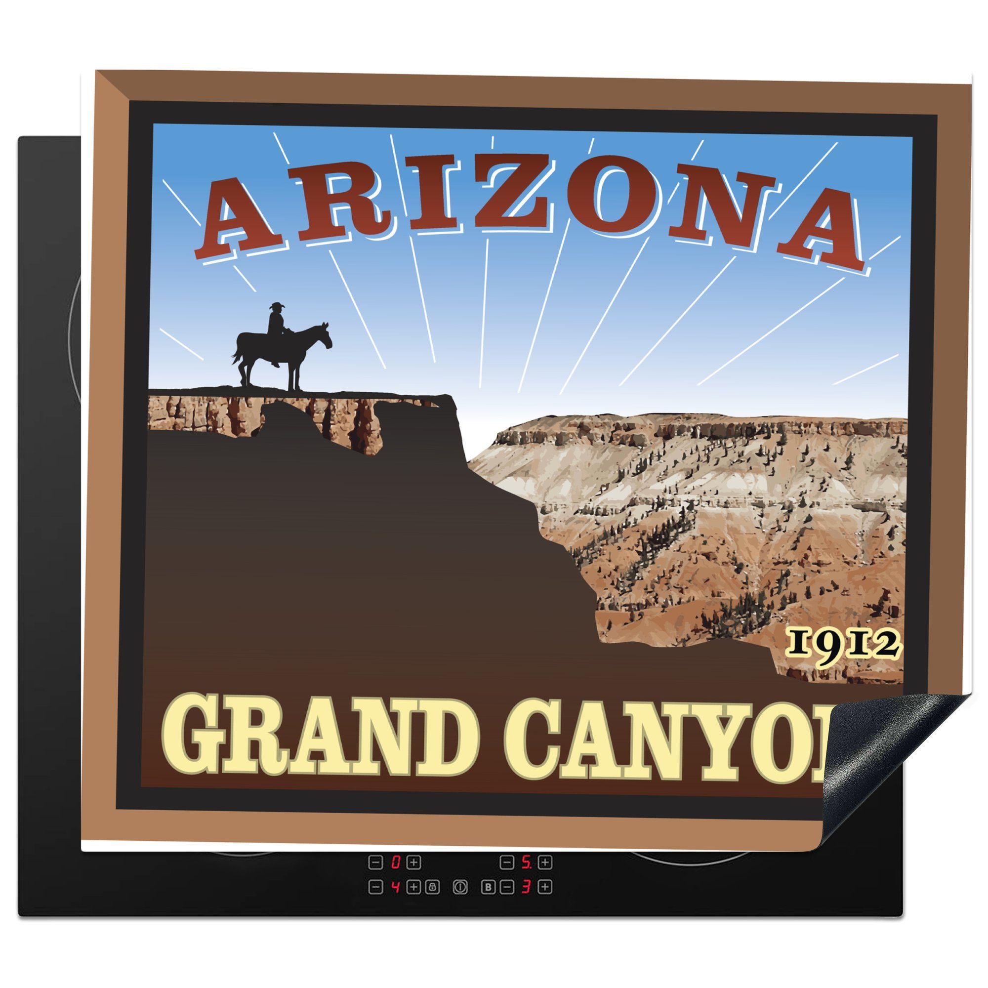 MuchoWow Herdblende-/Abdeckplatte Illustration einer Person mit einem Pferd am Grand Canyon, Vinyl, (1 tlg), 57x51 cm, Induktionsschutz, Induktionskochfeld, Ceranfeldabdeckung