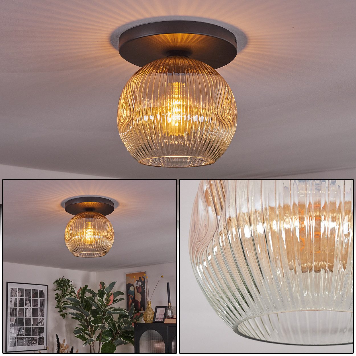 hofstein Deckenleuchte Deckenlampe aus Metall/Riffelglas in günstig online kaufen