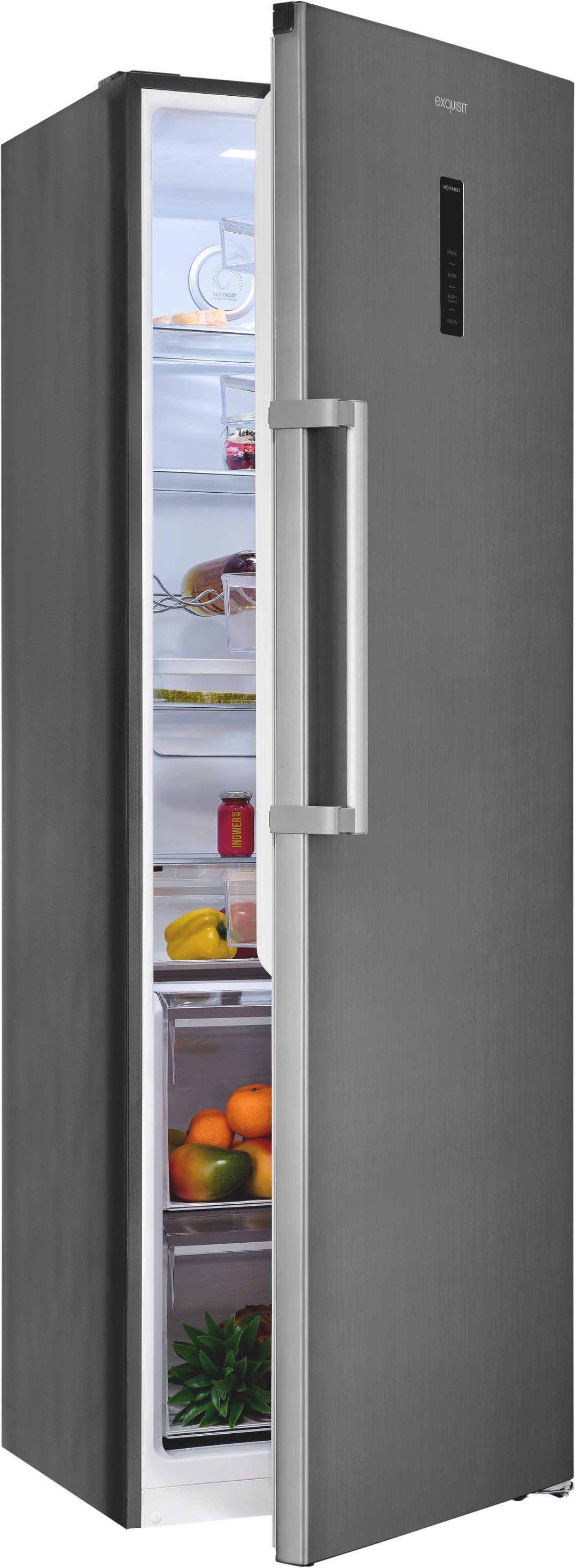 exquisit Kühlschrank KS360-V-HE-040C inoxlook, 185 cm hoch, 60 cm breit, Nie wieder abtauen: Vollraum-Kühlschrank mit No-Frost & LED