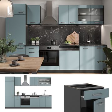 Livinity® Küchenzeile R-Line, Blau-Grau/Anthrazit, 300 cm, AP Eiche
