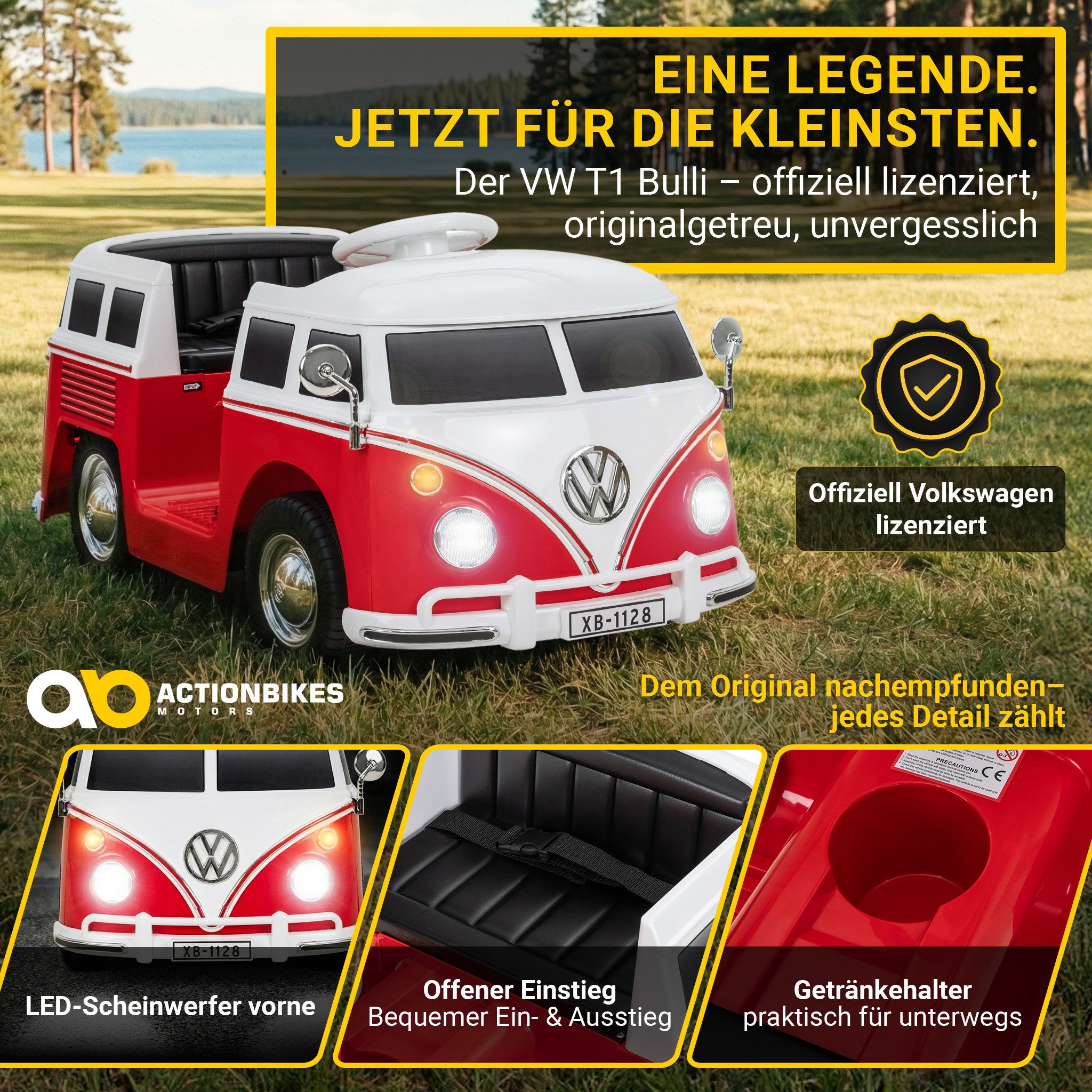 Actionbikes Motors Elektro-Kinderauto VW T1 Camper Bus Fernbedienung & Bremsautomatik 3-5 km/h, Fernbedienung mit First-Funktion, Soft-Start, Motorsound beim Starten
