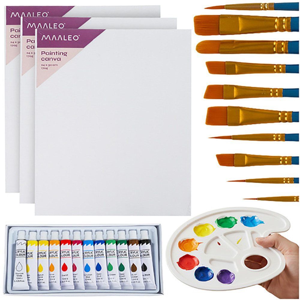 MAALEO Malpalette Kreatives Malset 26-tlg Farben, Pinsel, Leinwände und Palette, komplettes Malset mit Acrylfarben, Pinseln, Leinwänden und Palette