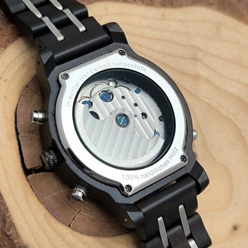 Holzwerk Automatikuhr BINGHEN Edelstahl & Holz Uhr mit Datum in schwarz, braun