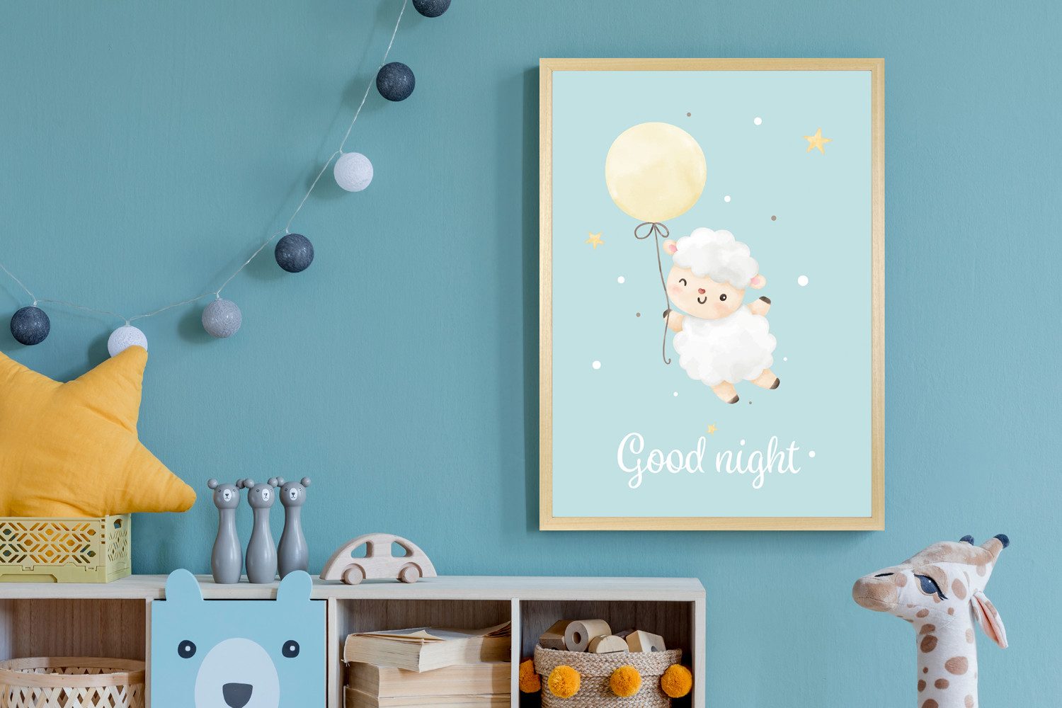 Bild mit Rahmen Fliegendes Schaf mit Ballon