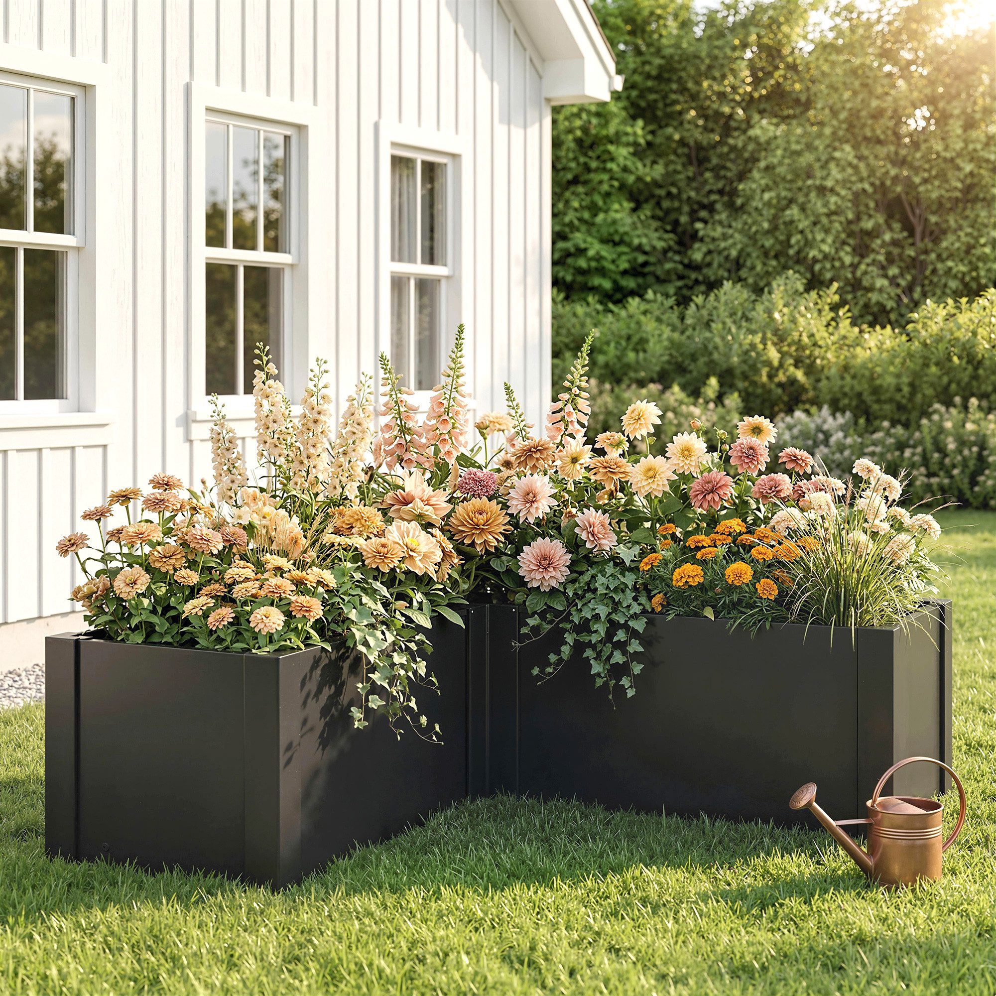 Outsunny Hochbeet Frühbeet Gartenbeet Pflanzkübel Pflanzkasten (witterungsbeständig Pflanzbeet, 1 St., L-förmig Blumenhochbeet), aus Verzinkter Stahl, für Terrasse & Garten, 150 x 150 x 55 cm