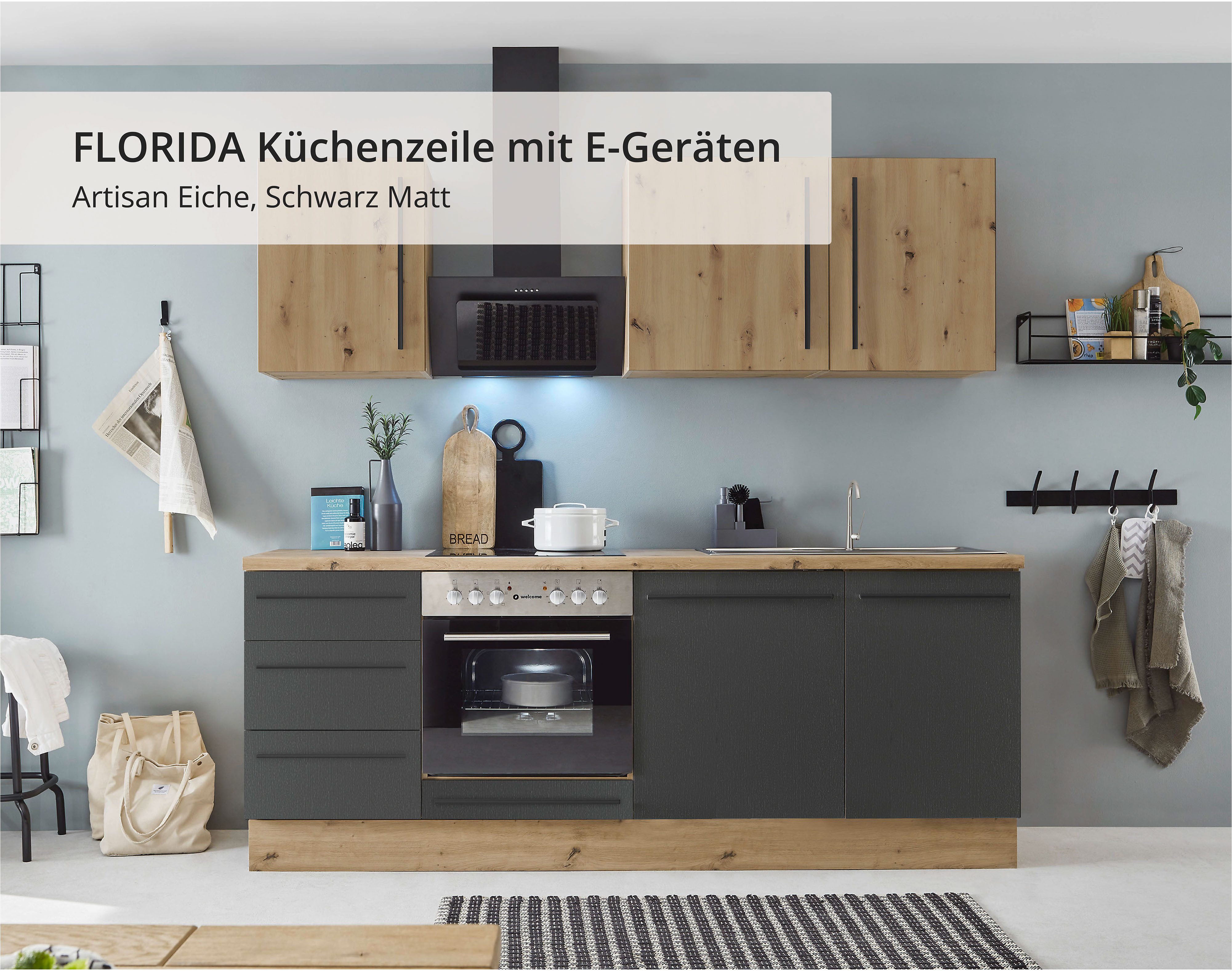 KOCHSTATION Küchenzeile KS-Florida mit 38mm starker Arbeitsplatte, Breite 220 cm, wahlweise mit E-Geräten, Soft-Close-Funktion