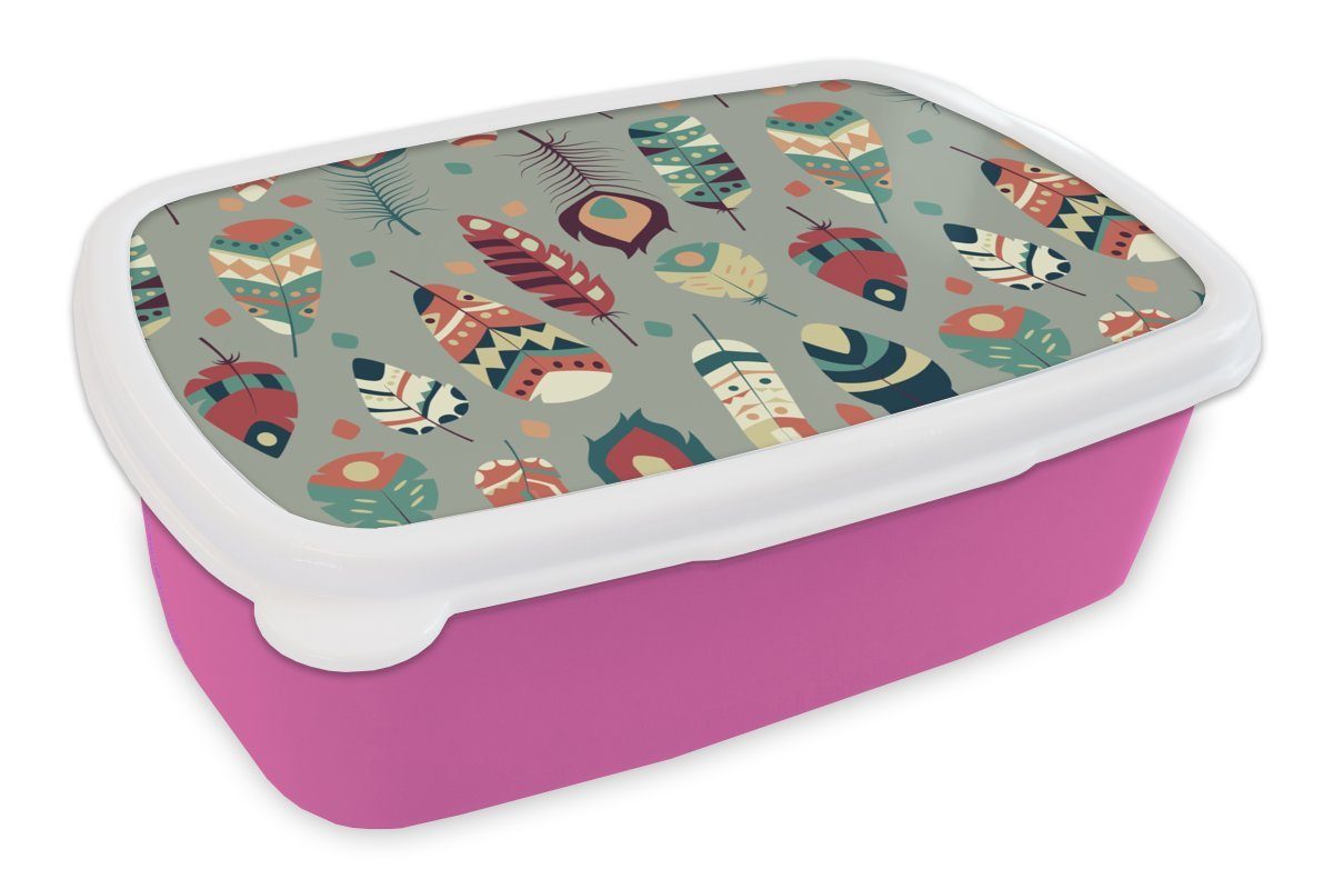 MuchoWow Lunchbox Teens - Federn - Muster, Kunststoff, (2-tlg), Brotbox für Erwachsene, Brotdose Kinder, Snackbox, Mädchen, Kunststoff rosa