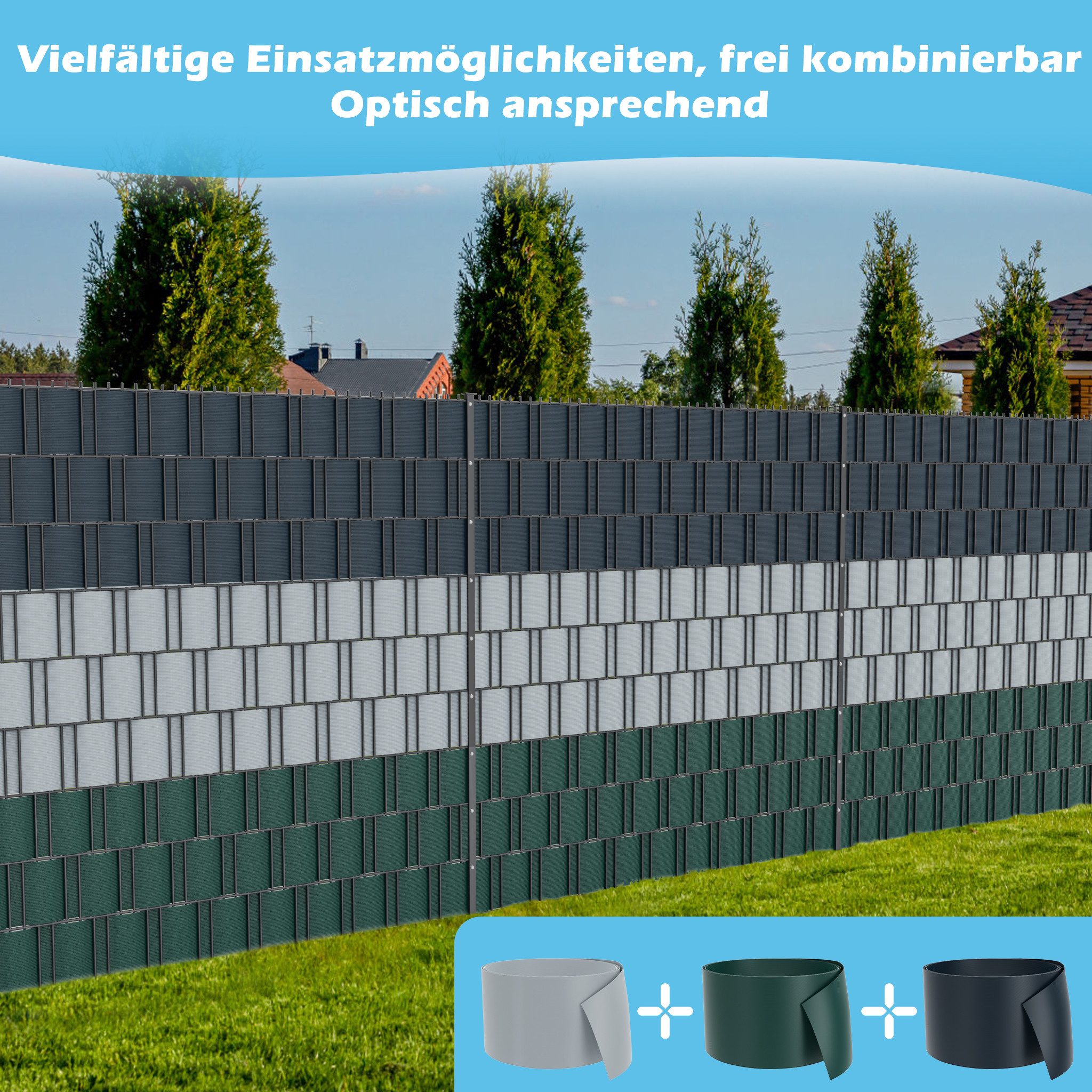 FIVMEN Sichtschutzstreifen Hart PVC 19cm x 2.5m Sichtschutz Zaunfolie Blickdicht, 10 Stück, für Gartenzaun, Balkon Anthrazit/Hellgrau/Grün – Bild 4 von 5