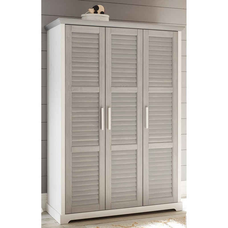 Lomadox Kleiderschrank AVON-78 Kiefer massiv weiß, grau, 3 Türen, 2 Kleiderstangen, Einlegeböden