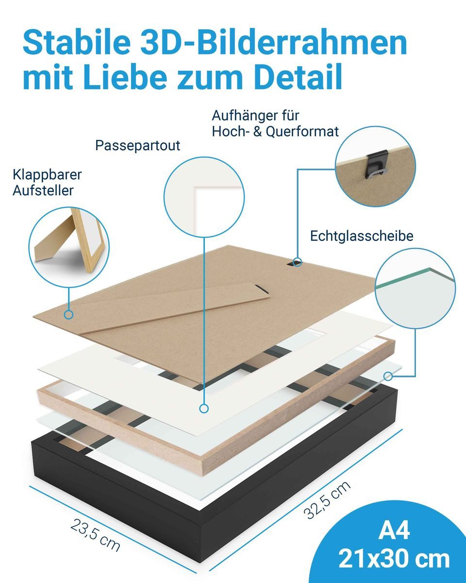 PHOTOLINI Bilderrahmen 3D-Objektrahmen tief zum Befüllen mit Glasscheibe, für 1 Bilder (1 Einzelrahmen), tiefer Rahmen A4 21x30 cm mit Passepartout für Objekte  – Bild 3 von 5