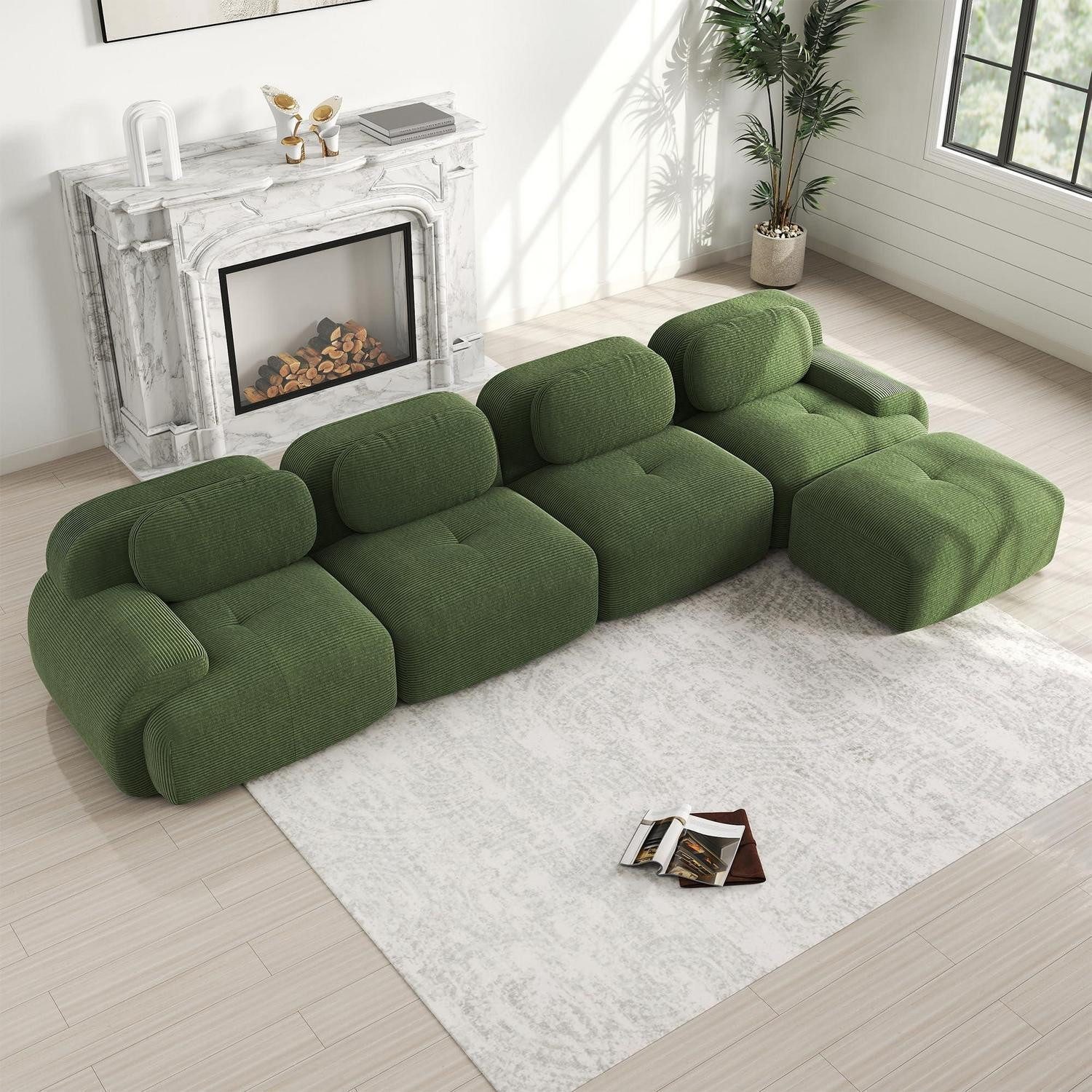 LuxusKollektion Ecksofa Ecksofa Cordstoff Wohnzimmer Büro Montage Grün I-(4 Sitzer +1 Hocker)